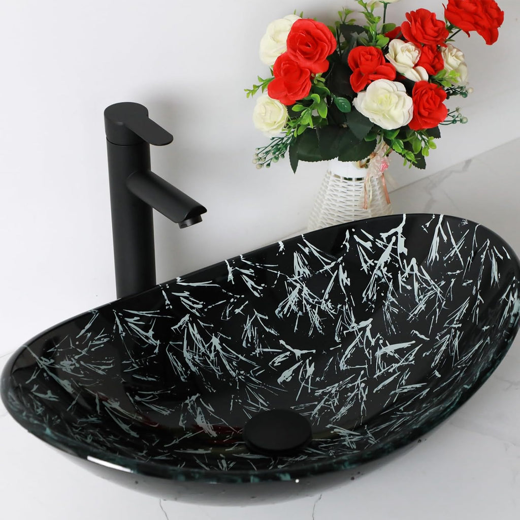 Bathroom Sink 21in  Black Glass Vessel Sink With Faucet And Drain Combo Modern Boat Shape Artistic Basin Bathroom Vessel Sink Above Counter Small 6in  Deep Vessel sink Oval Sink LOF-BL33560