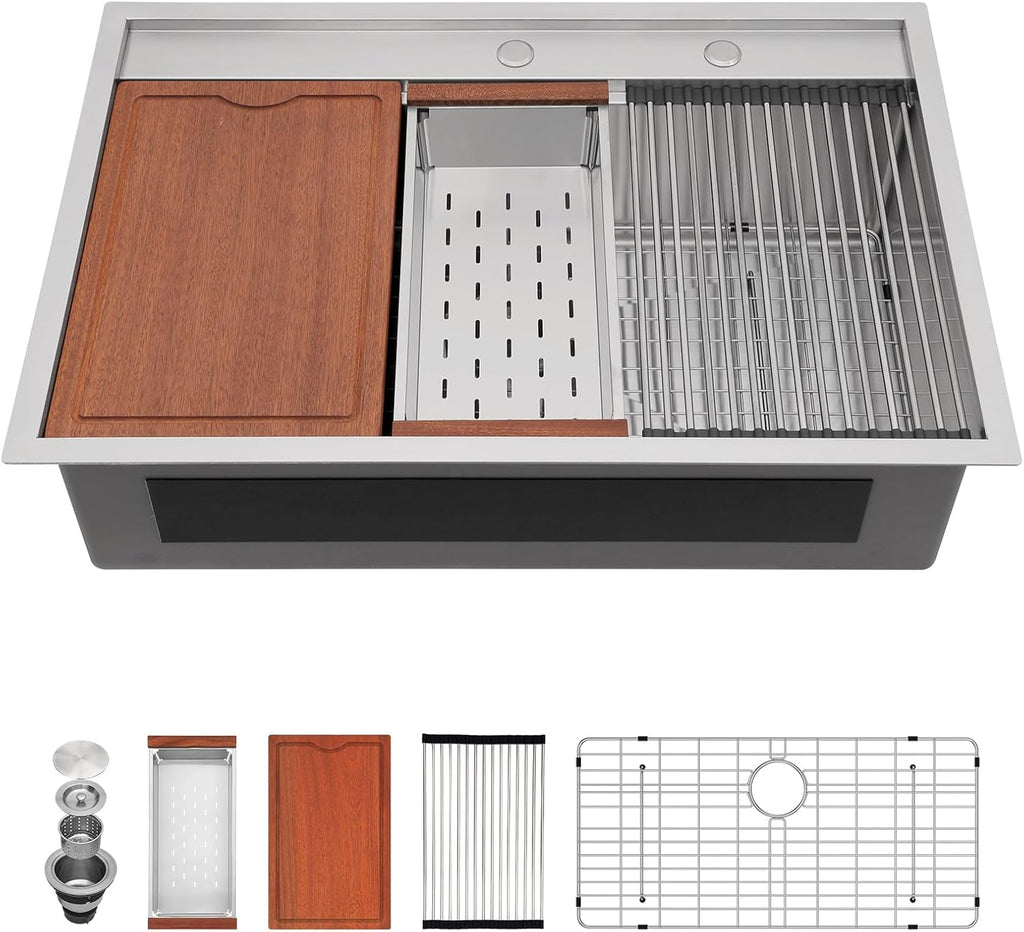 33in x22in  Drop In Kitchen Sink Lofeyo Drop In Workstation Sink 16 Gauge 304 Stainless Steel Handmade Kitchen Sink Top mount Single Bowl with Ledge Kichen Sink Large Deep Modern Kitchen Sink Basin