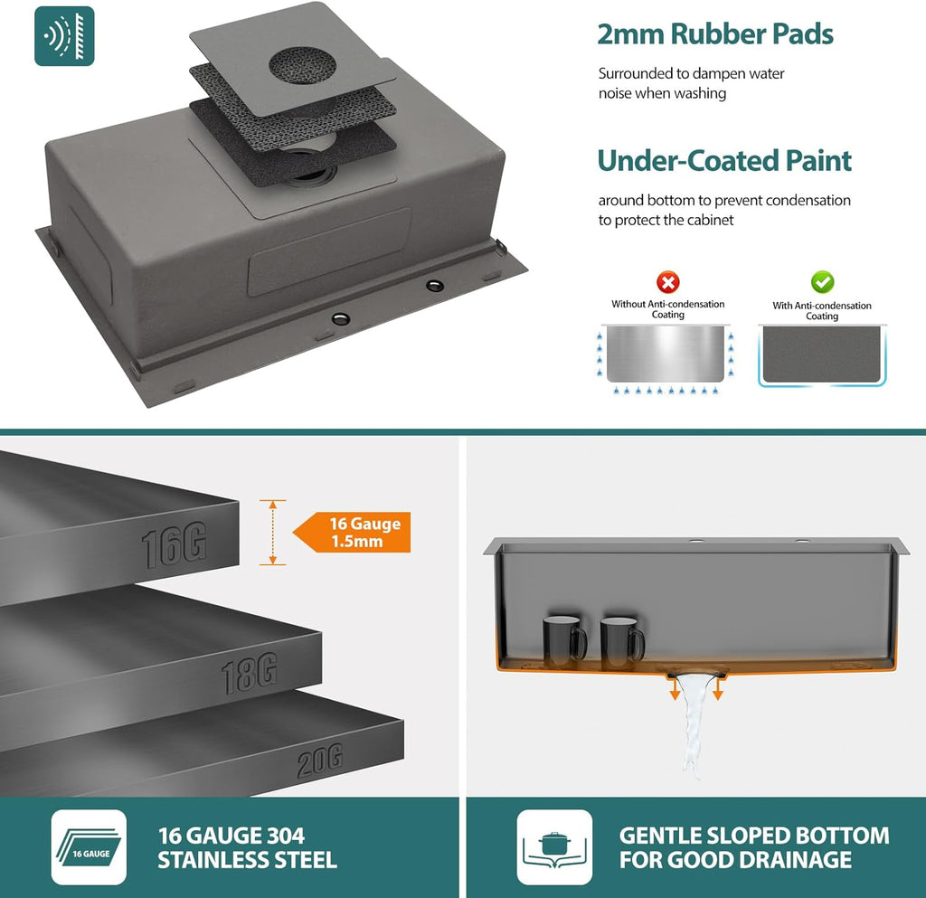 33in x19in  Black Drop In Kitchen Sink Workstation Nano Coating 304 Stainless Steel 16 Guage Handmade Topmount Single Bowl Deep Kitchen Sink Basin,LOF-B9989