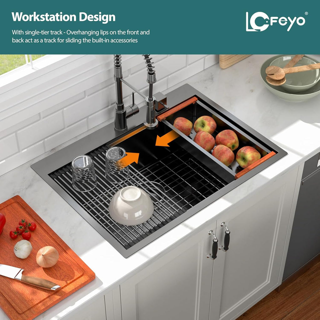 30in x19in  Black Drop In Kitchen Sink Workstation Nano Coating 304 Stainless Steel 16 Guage Handmade Topmount Single Bowl Deep Kitchen Sink Basin,LOF-B9988