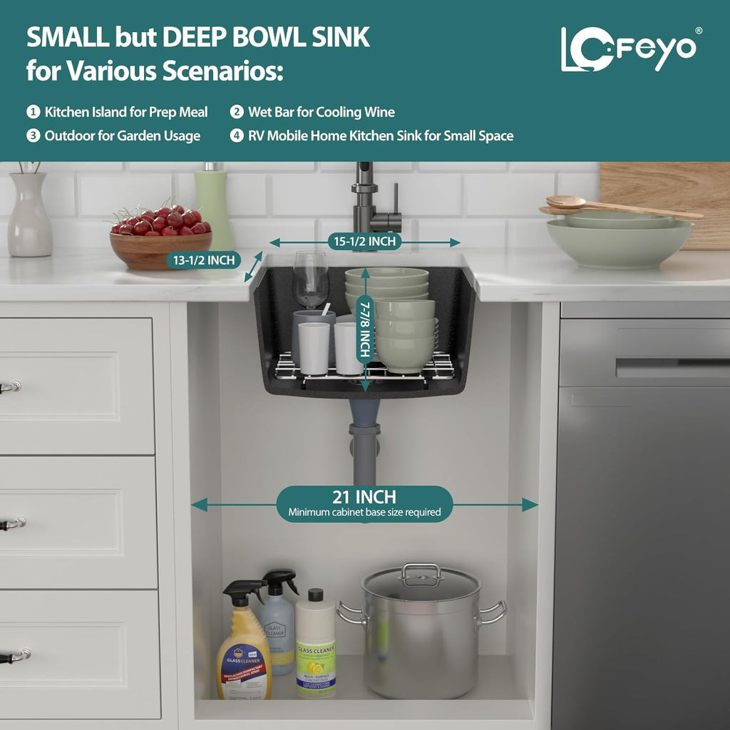 Black Undermount Kitchen Sink 18in x16in  Granite Composite Bar Sink Black Small Granite Sink Undermount Quartz Modern Under Counter Ledge Single Bowl Kitchen Sinks Basin Deep Sink,LOF-Q4542