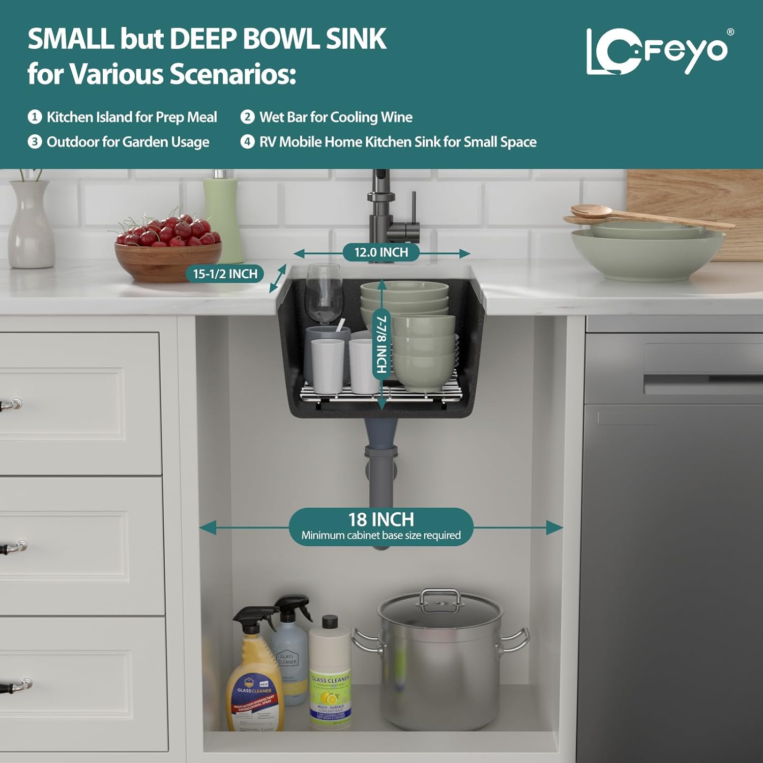 Black Undermount Kitchen Sink 15in x18in  Granite Composite Bar Sink Black Small Granite Sink Undermount Quartz Modern Under Counter Ledge Single Bowl Kitchen Sinks Basin Deep Sink,LOF-Q452Z