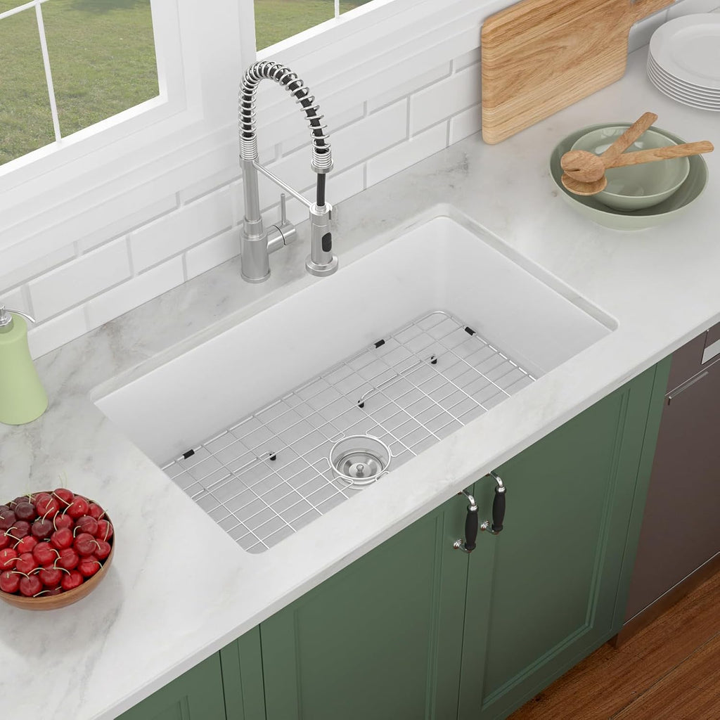 32in  White Undermount Kitchen Sink Lofeyo Farmhouse Fireclay Porcelain Single Bowl Sinks,Dual Mount Round Corner,32in x19in x10in ,LOF-LWFS3219