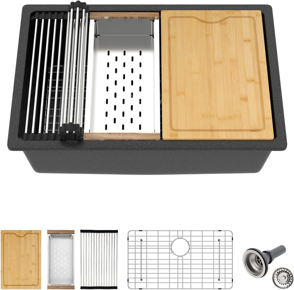 Black Undermount Kitchen Sink 28in x19in  Workstation Granite Composite Quartz Sink Small Granite Sink Quartz Modern Under Counter Ledge Single Bowl Kitchen Sinks Basin Deep Sink,LOF-Q457C