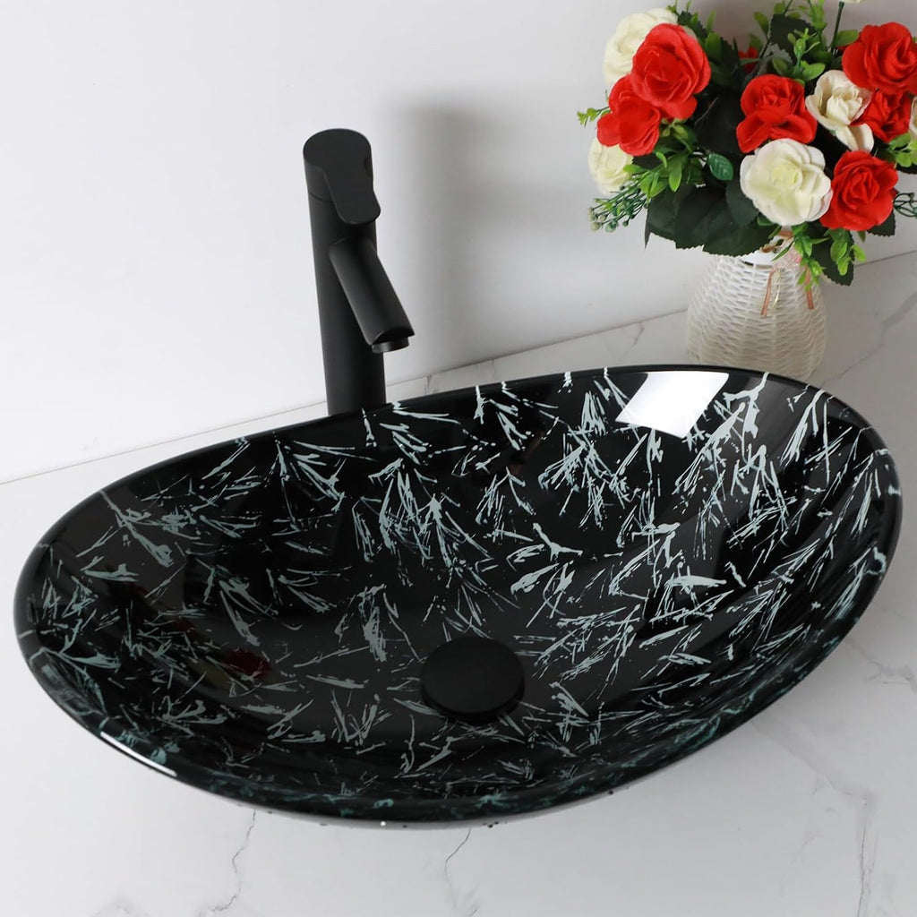 Bathroom Sink 21in  Black Glass Vessel Sink With Faucet And Drain Combo Modern Boat Shape Artistic Basin Bathroom Vessel Sink Above Counter Small 6in  Deep Vessel sink Oval Sink LOF-BL33560