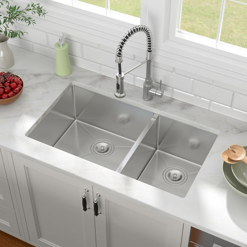 33 Kitchen Sink Double Bowl - Lofeyo 33 x 19 Stainless Steel Kitchen Sink 60/40 Double Basin 16 Gauge Round Corner Undermount Kitchen Sink Basin