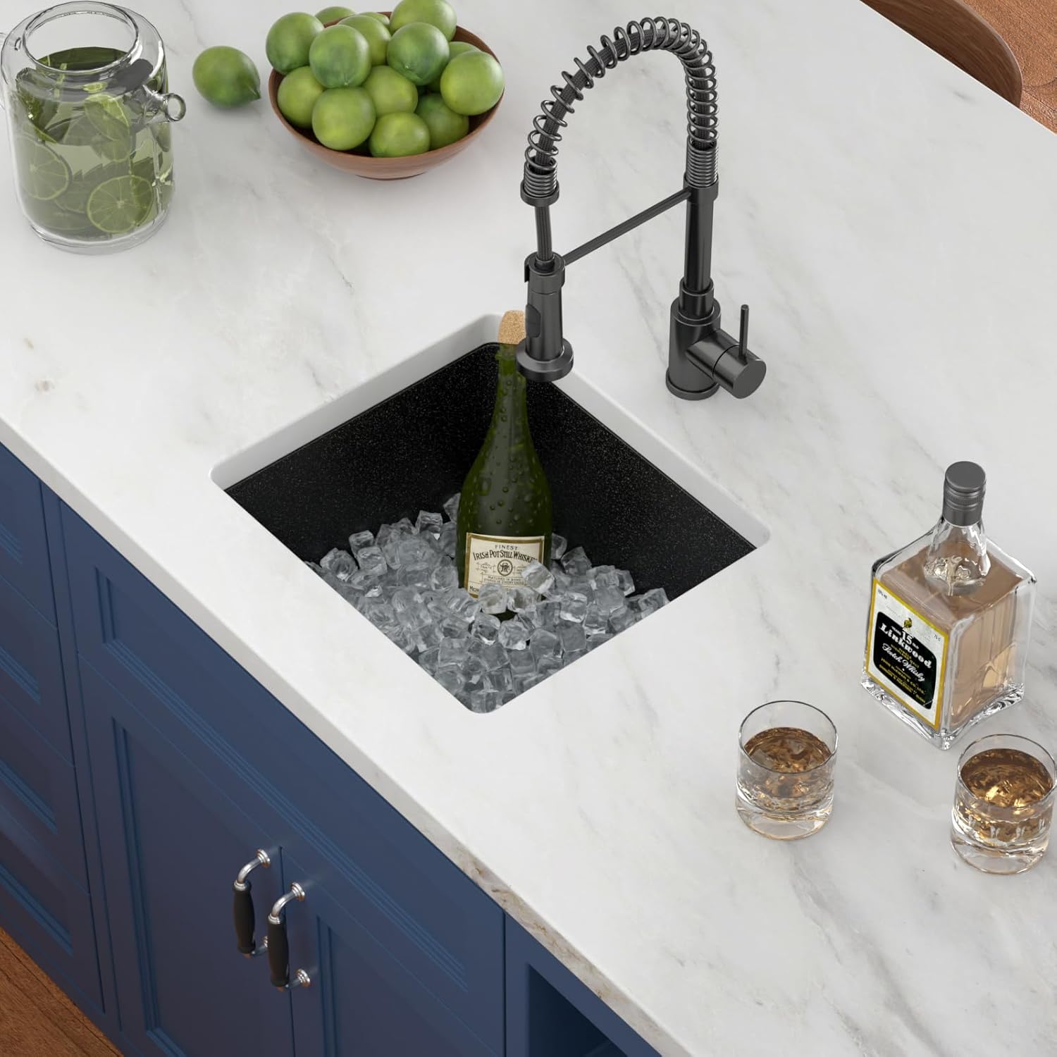 Black Undermount Kitchen Sink 18in x16in  Granite Composite Bar Sink Black Small Granite Sink Undermount Quartz Modern Under Counter Ledge Single Bowl Kitchen Sinks Basin Deep Sink,LOF-Q4542