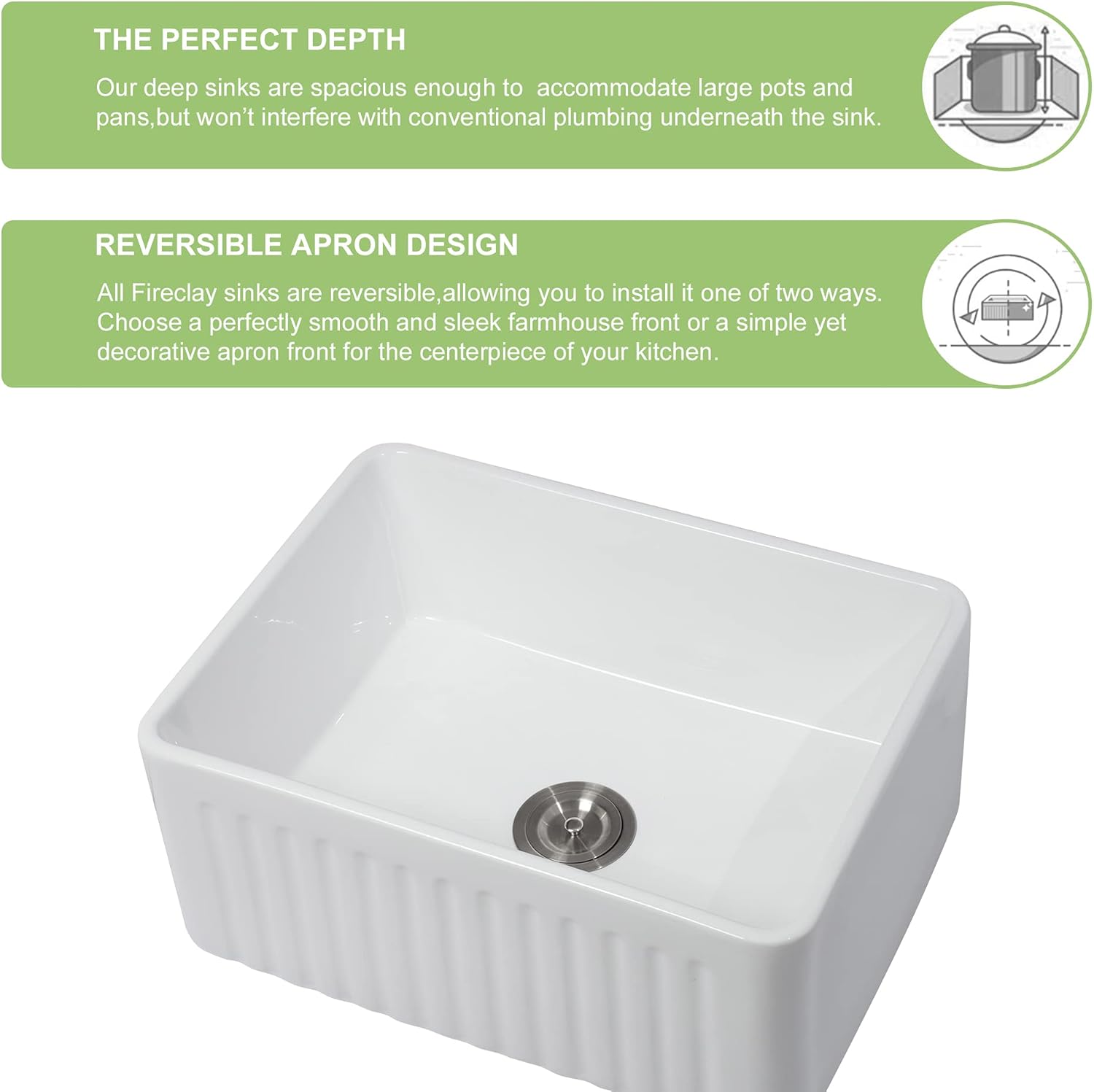 24 White Farmhouse Sink, Lofeyo 24 Inch Utility Laundry Sink Apron Front Reversible Single Bowl Fireclay Ceramic Porcelain Sink for Kitchen Laundry Room