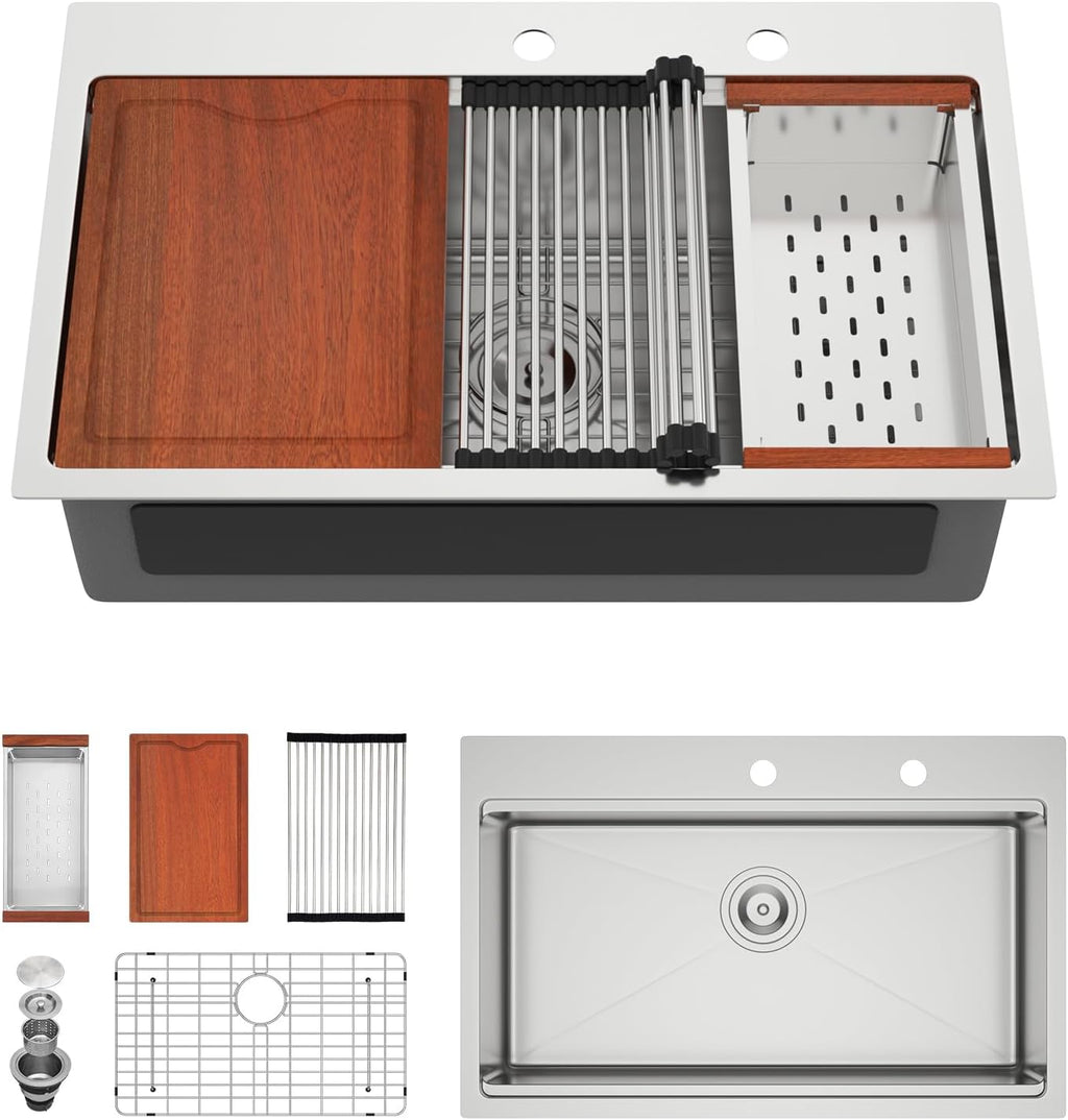 30in x19in  Drop In Kitchen Sink Workstation 304 Stainless Steel 16 Guage Handmade Topmount Single Bowl Modern Deep Kitchen Sink Basin,LOF-B9994