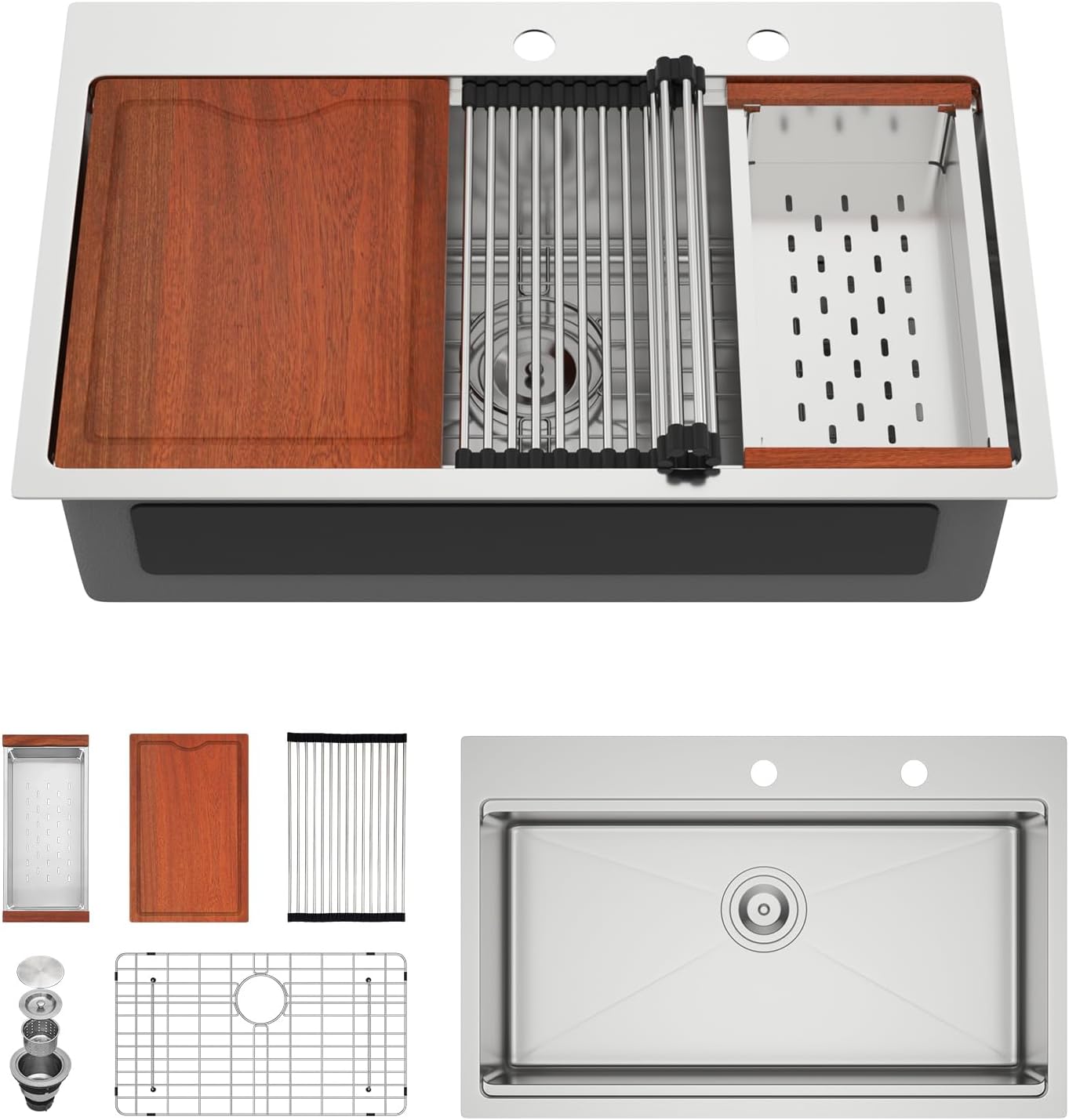 30in x19in  Drop In Kitchen Sink Workstation 304 Stainless Steel 16 Guage Handmade Topmount Single Bowl Modern Deep Kitchen Sink Basin,LOF-B9994