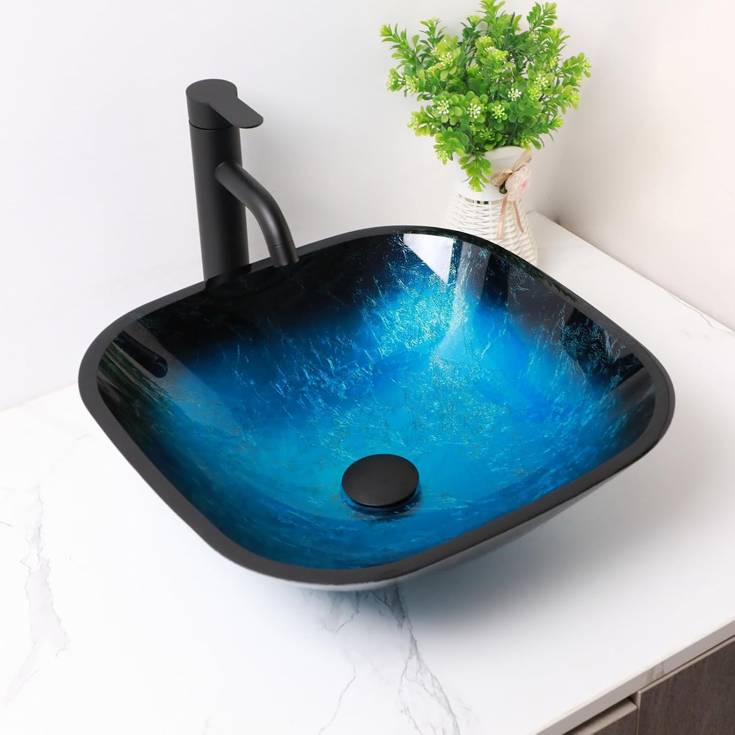 Bowl Sinks For Bathrooms Elegant And Space-Saving Boat Shape Rectangular Glass Vessel Sink With Faucet And Drain Combo Small Modern Artistic Basin Sink,Rectangle Sky Blue,LOF-LMPG002
