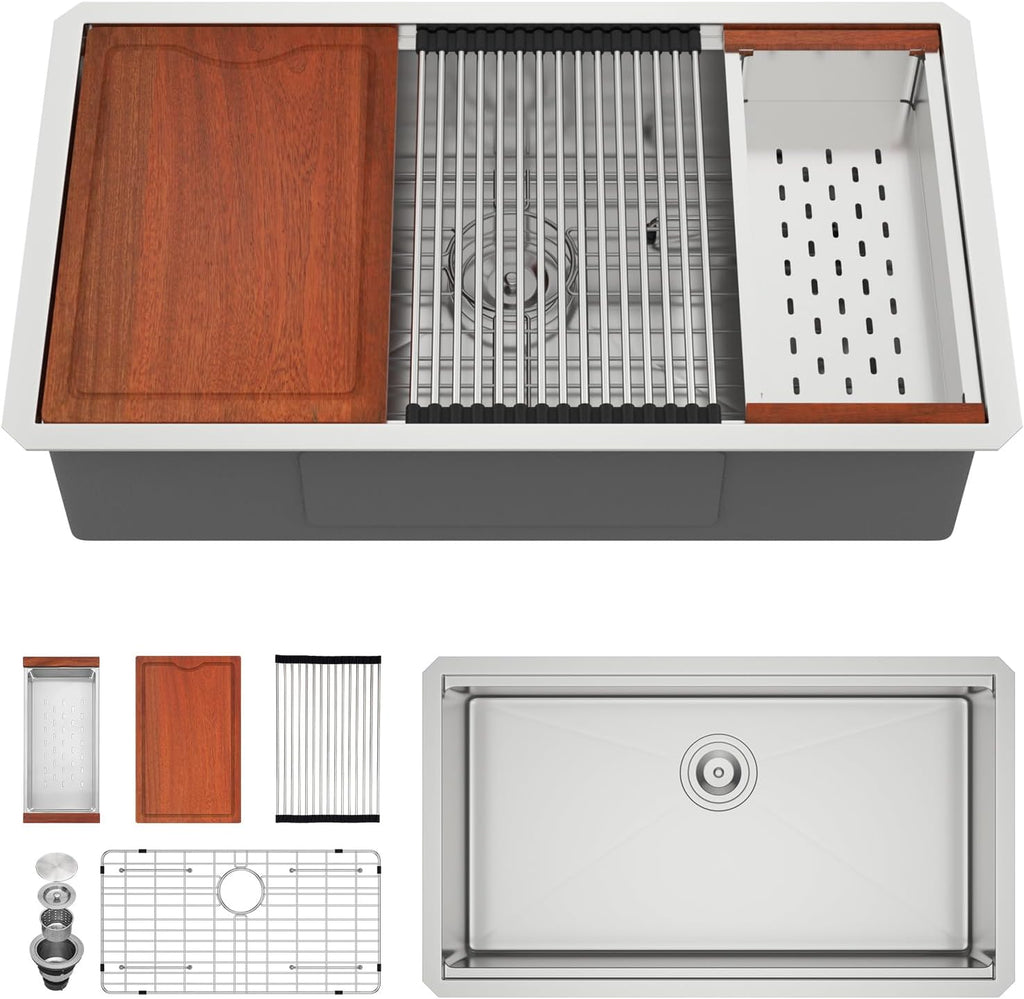 30in x19in  Undermount Kitchen Sink Workstation 304 Stainless Steel 16 Guage Handmade Under Counter Single Bowl Modern Deep Kitchen Sink Basin,LOF-B9991