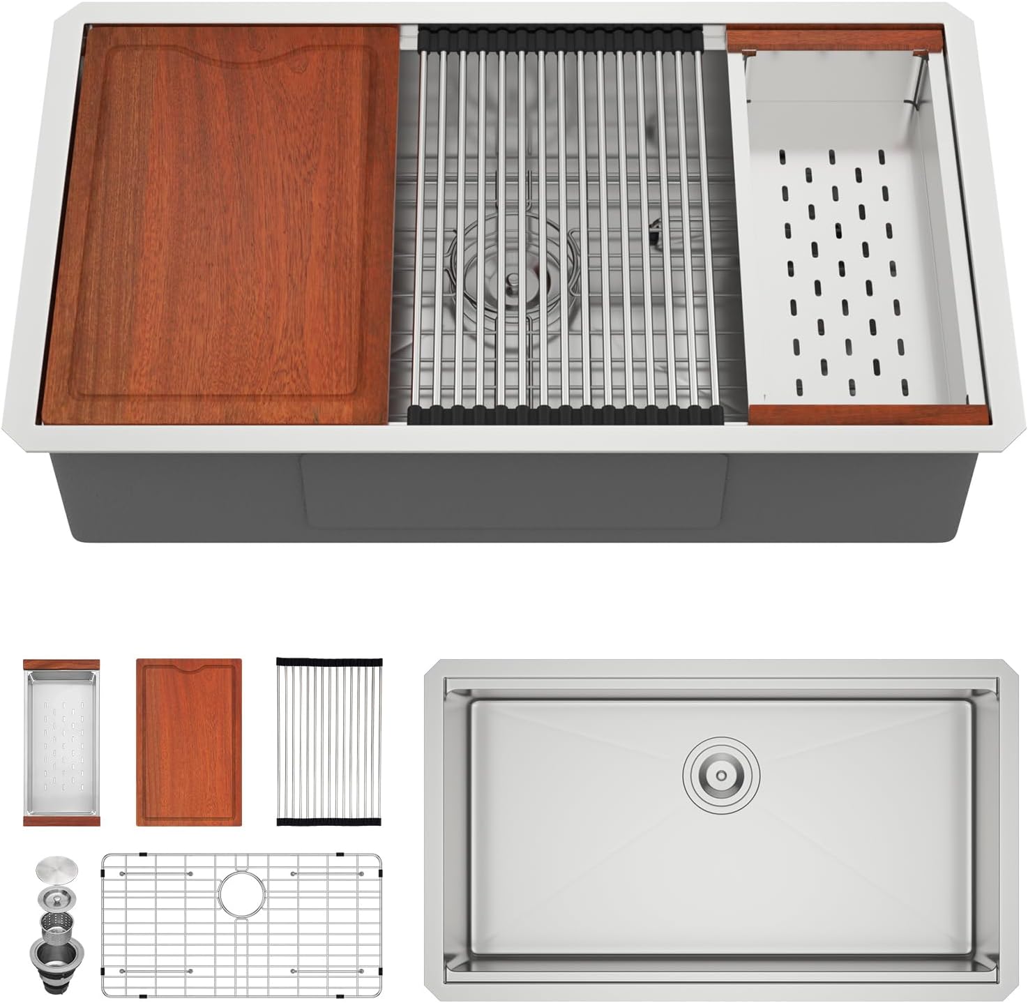30in x19in  Undermount Kitchen Sink Workstation 304 Stainless Steel 16 Guage Handmade Under Counter Single Bowl Modern Deep Kitchen Sink Basin,LOF-B9991