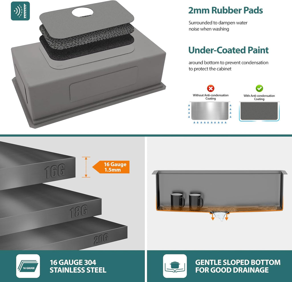 30in x19in  Black Undermount Kitchen Sink Workstation Nano Coating 304 Stainless Steel 16 Guage Handmade Under Counter Single Bowl Deep Kitchen Sink Basin,Lof-B9985