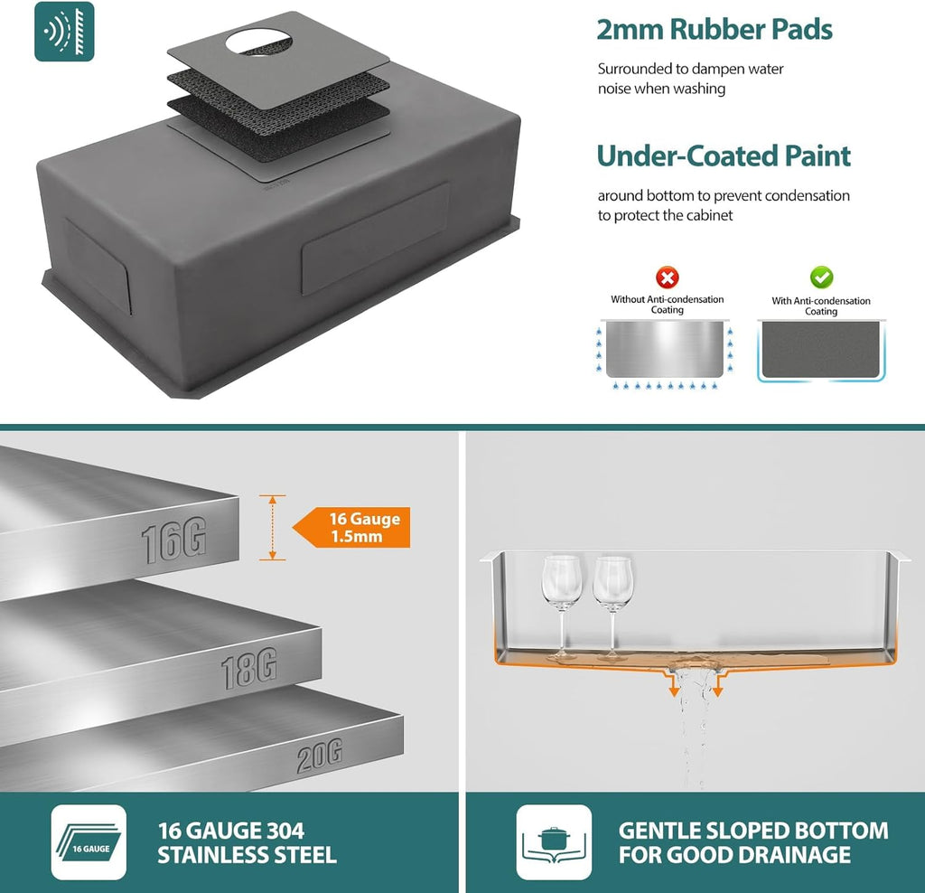 33 inch Undermount Kitchen Sink 33in X19in  16 Guage 304 Stainless Steel Single Bowl Kitchen Sink Moden Handmade Under Counter Large Kitchen Sink Deep Sink Basin