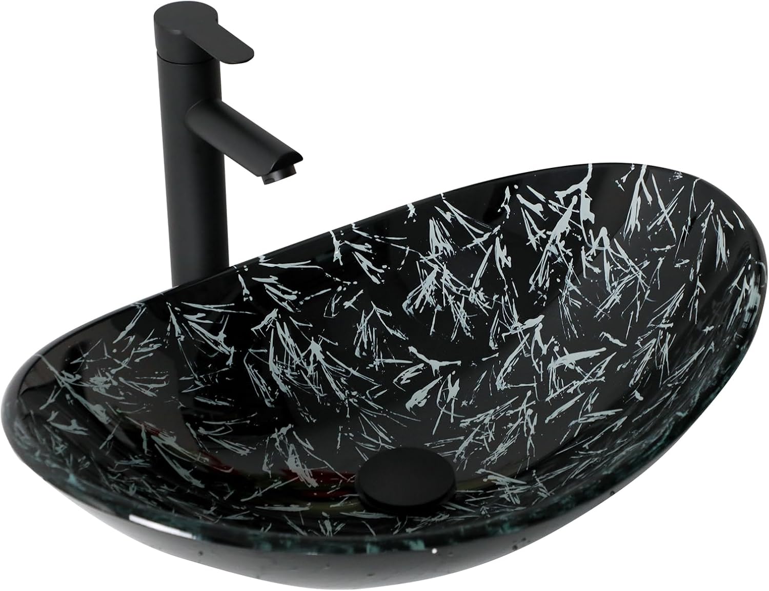 Bathroom Sink 21in  Black Glass Vessel Sink With Faucet And Drain Combo Modern Boat Shape Artistic Basin Bathroom Vessel Sink Above Counter Small 6in  Deep Vessel sink Oval Sink LOF-BL33560