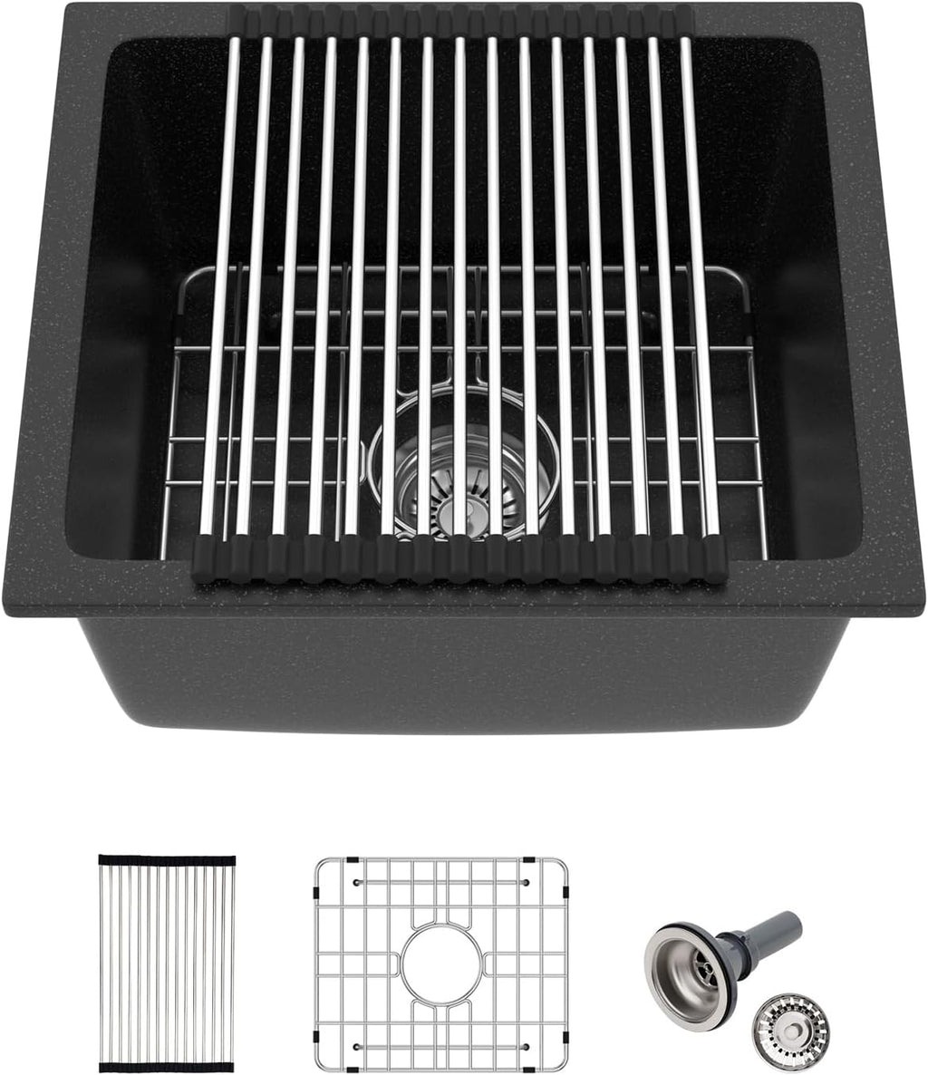 Black Undermount Kitchen Sink 18in x16in  Granite Composite Bar Sink Black Small Granite Sink Undermount Quartz Modern Under Counter Ledge Single Bowl Kitchen Sinks Basin Deep Sink,LOF-Q4542
