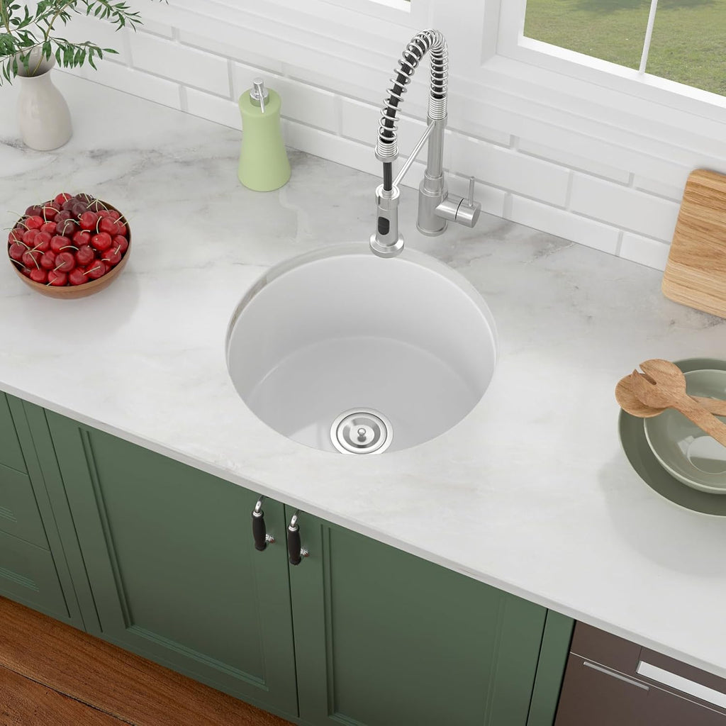 White Undermount Kitchen Sink 18in x18in  Round White Undermount Sink Round Ceramic Fireclay Single Bowl Deep Bar Sink with Sink Grid and Basket Strainer.LOF-LWFS1818