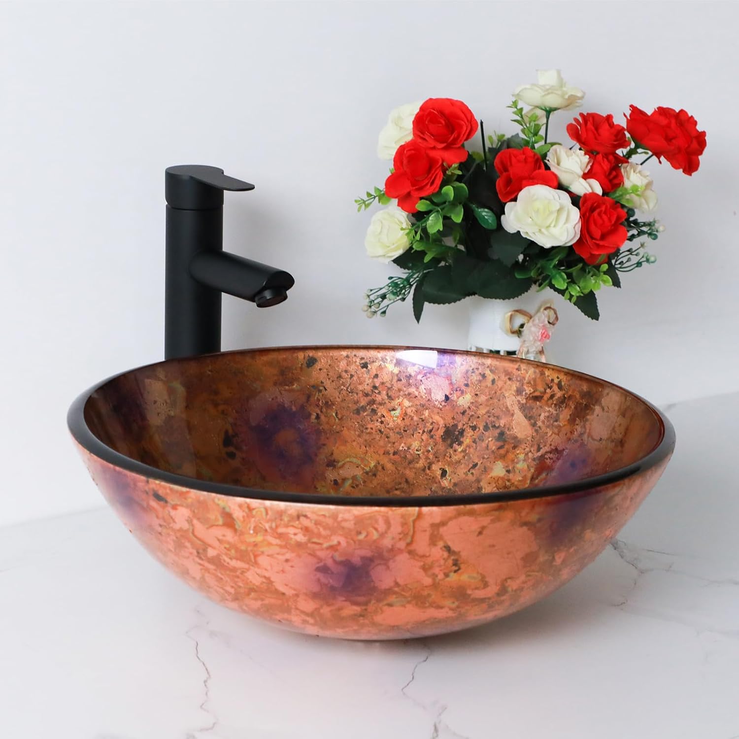 Small Bathroom Sink 17in  Purple Glass Vessel Sink With Faucet And Drain Combo Modern Round Shape Artistic Basin Bathroom Vessel Sink Above Counter Small 5in  Deep Vessel Sink LOF-BL33557