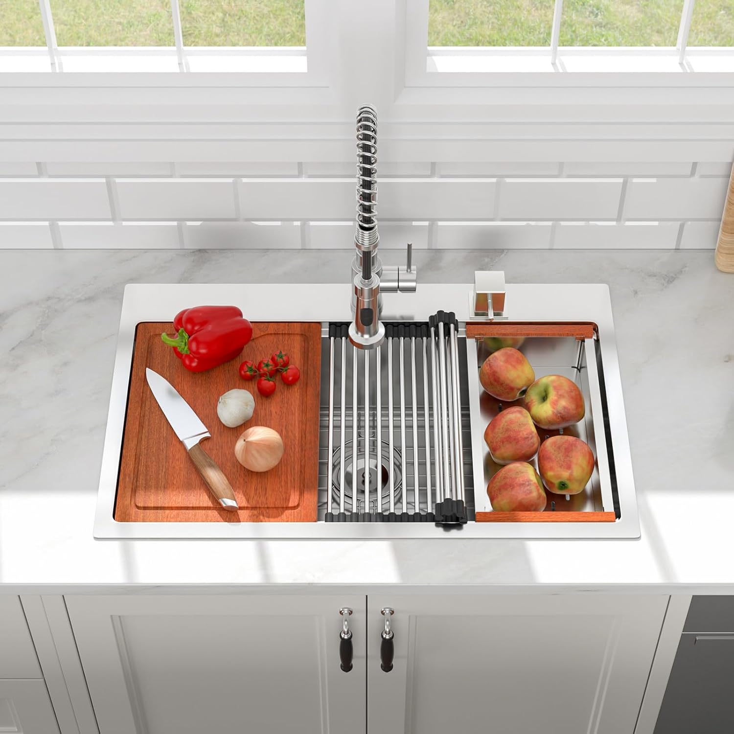 30in x19in  Drop In Kitchen Sink Workstation 304 Stainless Steel 16 Guage Handmade Topmount Single Bowl Modern Deep Kitchen Sink Basin,LOF-B9994