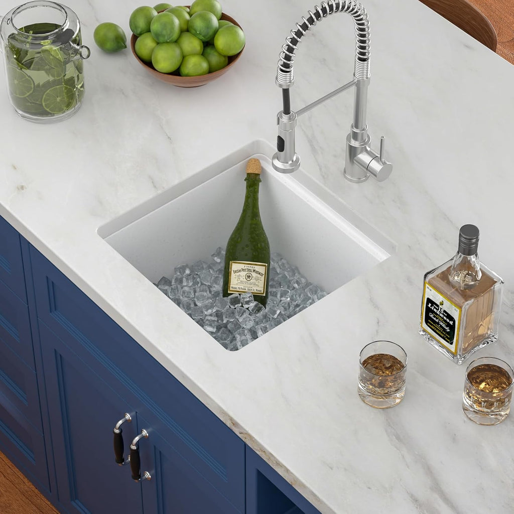 White Undermount Kitchen Sink 18in x18in  Workstation Granite Composite Bar Sink Small Granite Sink Undermount Quartz Modern Under Counter Ledge Single Bowl Kitchen Sinks Basin Deep Sink,LOF-Q8721