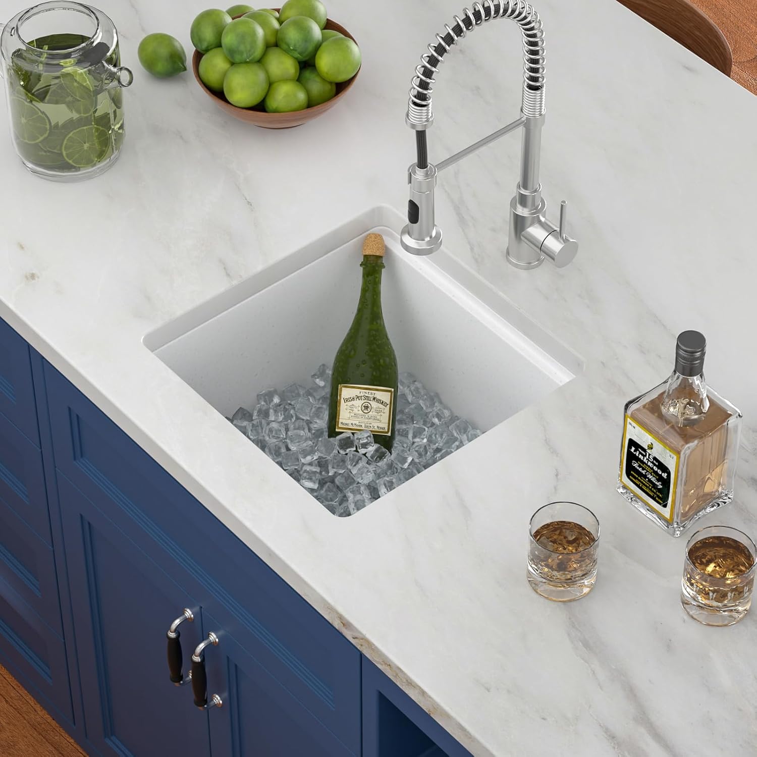 White Undermount Kitchen Sink 18in x18in  Workstation Granite Composite Bar Sink Small Granite Sink Undermount Quartz Modern Under Counter Ledge Single Bowl Kitchen Sinks Basin Deep Sink,LOF-Q8721