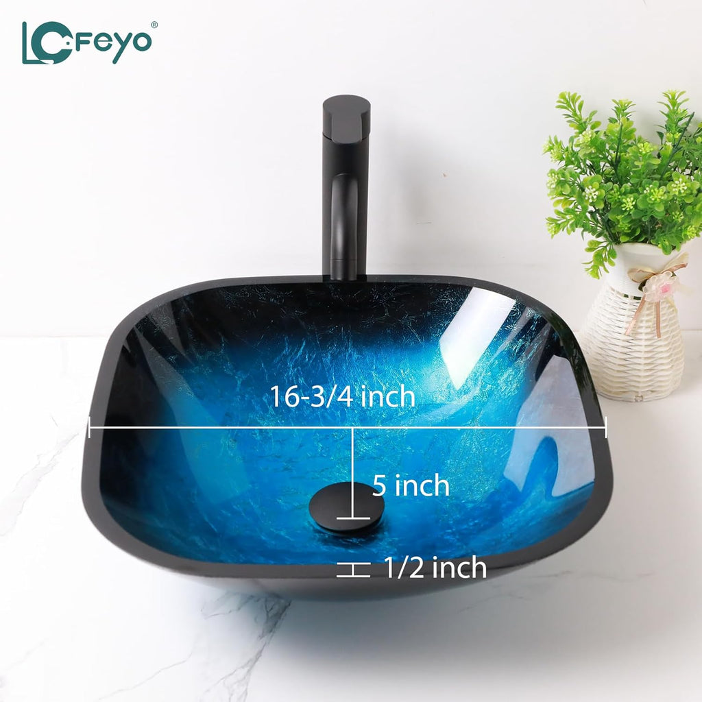Bowl Sinks For Bathrooms Elegant And Space-Saving Boat Shape Rectangular Glass Vessel Sink With Faucet And Drain Combo Small Modern Artistic Basin Sink,Rectangle Sky Blue,LOF-LMPG002