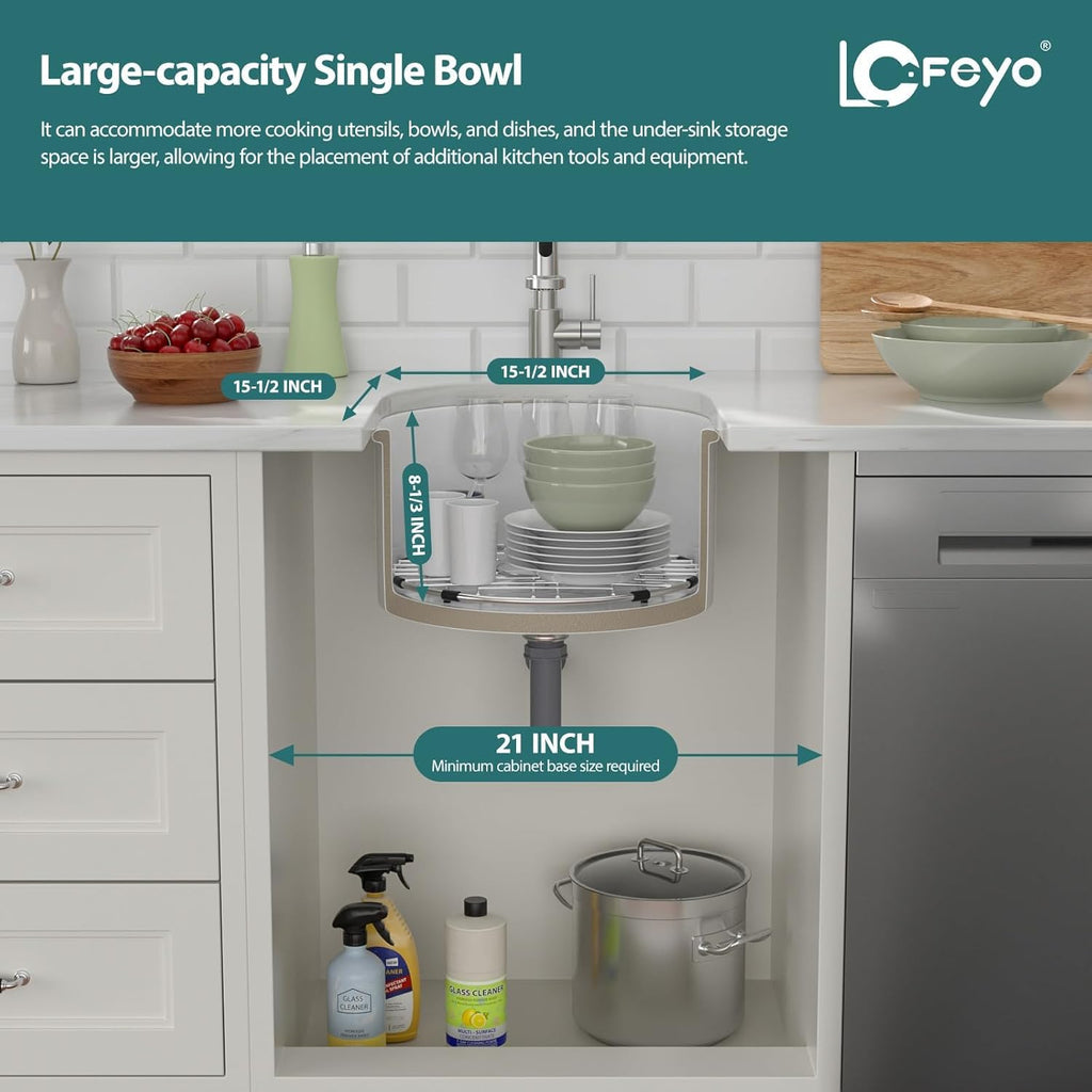 White Undermount Kitchen Sink 18in x18in  Round White Undermount Sink Round Ceramic Fireclay Single Bowl Deep Bar Sink with Sink Grid and Basket Strainer.LOF-LWFS1818