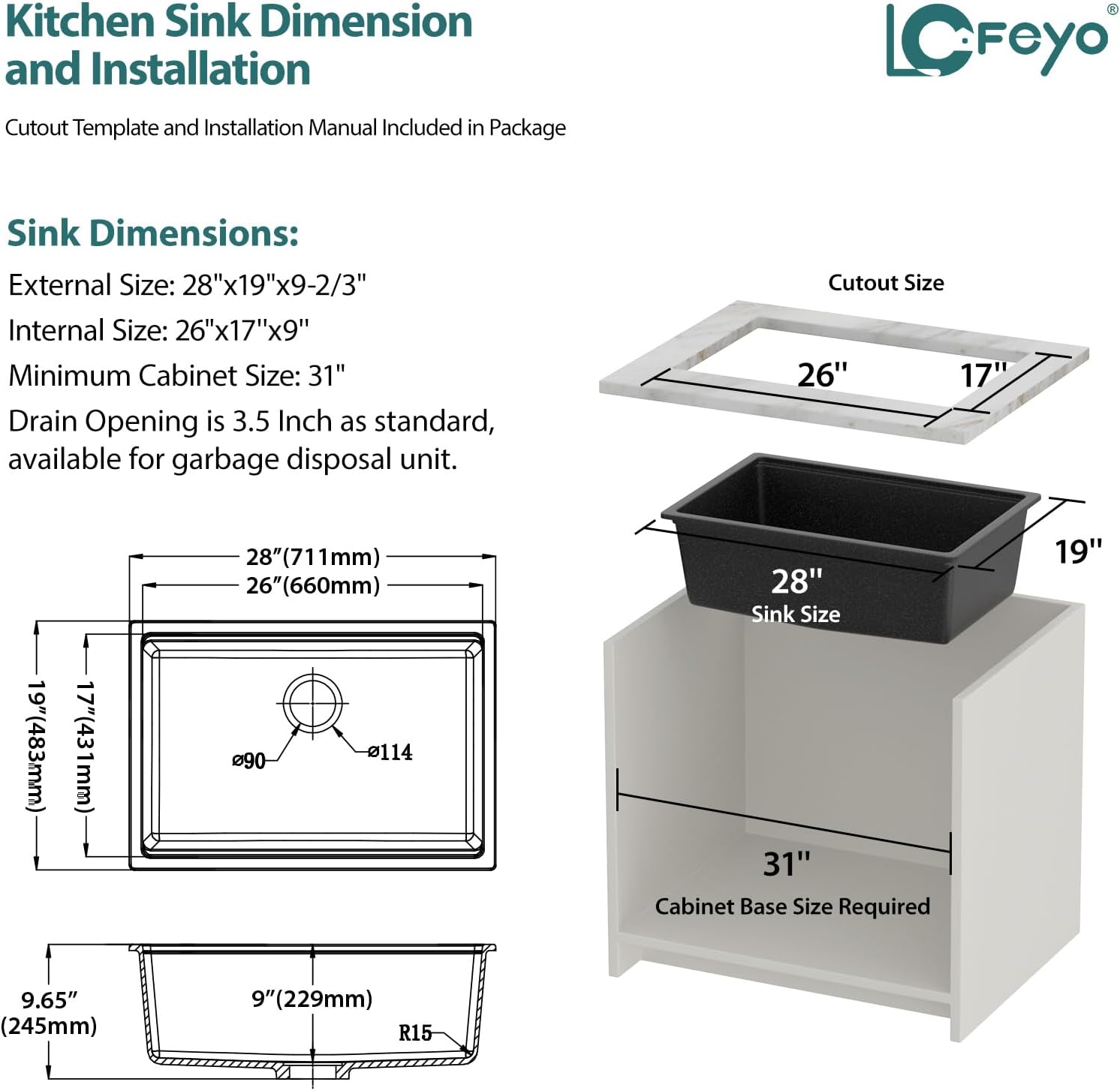 Black Undermount Kitchen Sink 28in x19in  Workstation Granite Composite Quartz Sink Small Granite Sink Quartz Modern Under Counter Ledge Single Bowl Kitchen Sinks Basin Deep Sink,LOF-Q457C