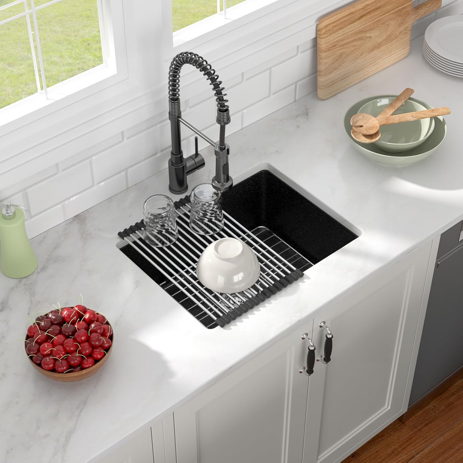 Black Undermount Kitchen Sink 22in x17in  Granite Composite Bar Sink Black Small Granite Sink Undermount Quartz Modern Under Counter Ledge Single Bowl Kitchen Sinks Basin Deep Sink,LOF-Q456V