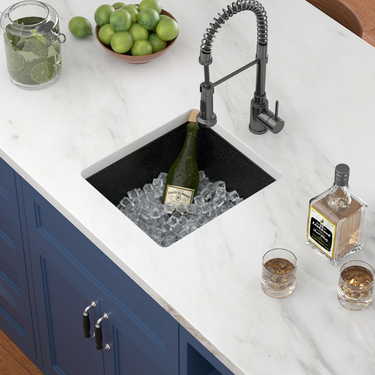Black Undermount Kitchen Sink 15in x18in  Granite Composite Bar Sink Black Small Granite Sink Undermount Quartz Modern Under Counter Ledge Single Bowl Kitchen Sinks Basin Deep Sink,LOF-Q452Z