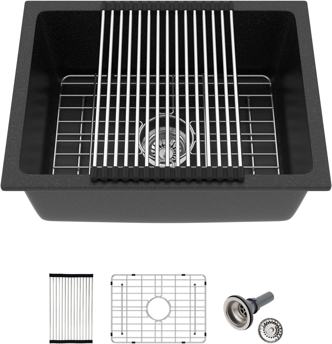 Black Undermount Kitchen Sink 22in x17in  Granite Composite Bar Sink Black Small Granite Sink Undermount Quartz Modern Under Counter Ledge Single Bowl Kitchen Sinks Basin Deep Sink,LOF-Q456V