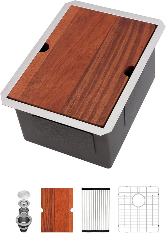 14 x 19 Inch Stainless Bar Sink Undermount Kitchen Bar Prep Sink Workstation 16 Gauge Stainless Steel Single Bowl Under Counter Kitchen Sink Bar Prep RV Sink Basin with Accessories