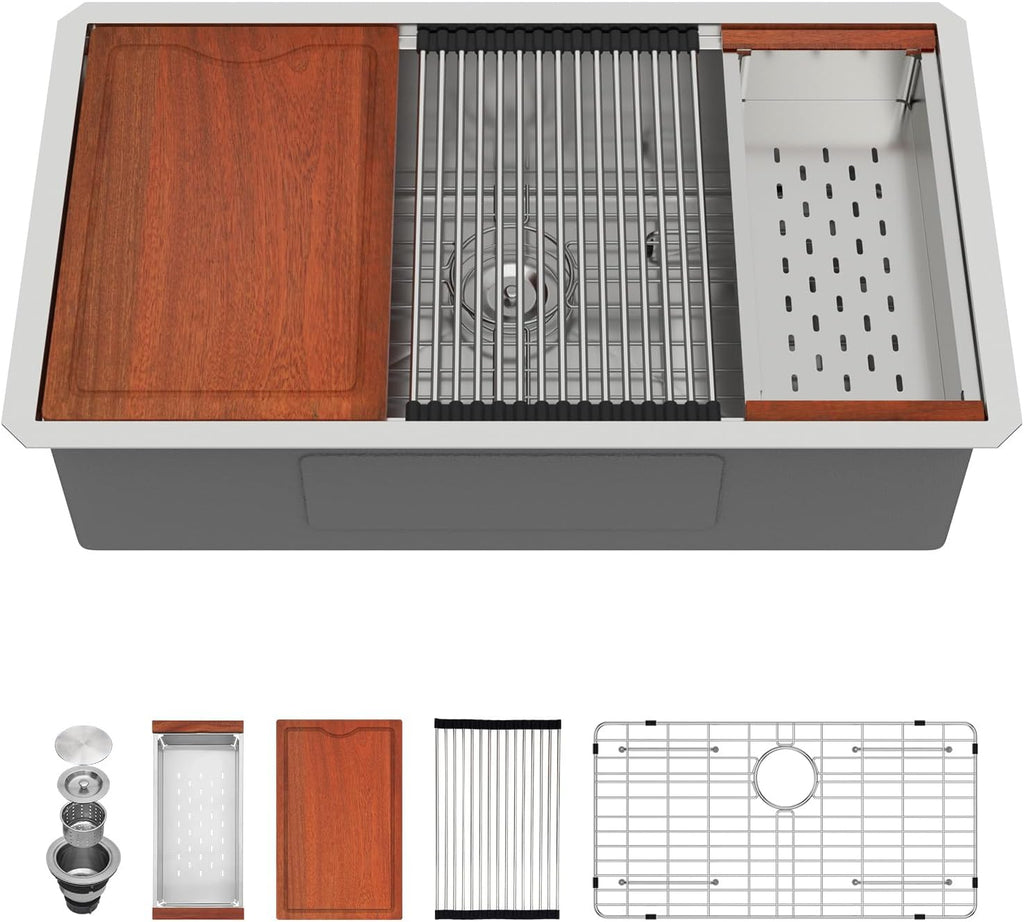 30in x19in  Undermount Workstation Kitchen Sink 16 Gauge Stainless Steel Under Counter Single Bowl Ledge Handmade Contemporary Deep Kitchens