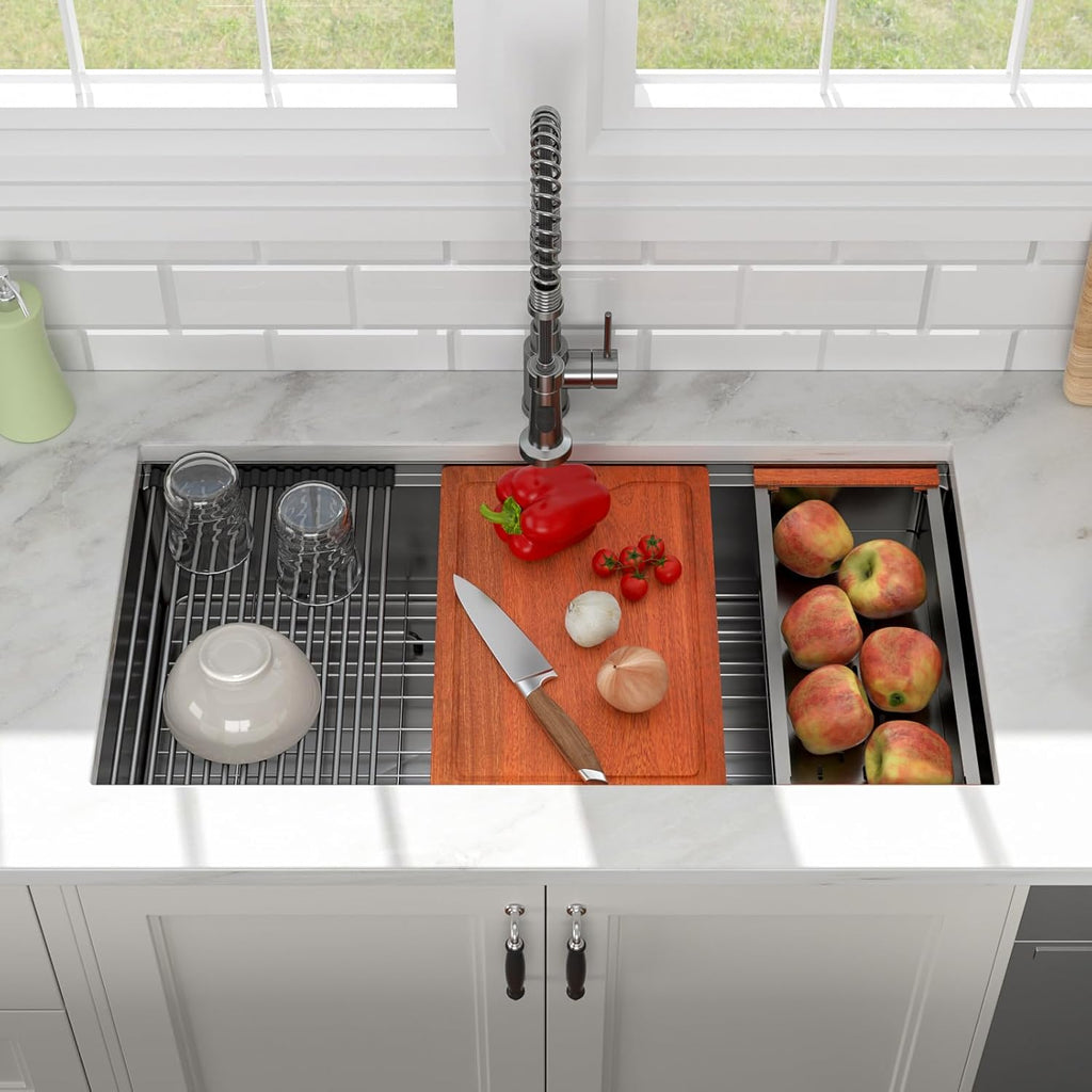 36in x19in  Black Undermount Kitchen Sink Workstation Nano Coating 304 Stainless Steel 16 Guage Handmade Under Counter Single Bowl Deep Kitchen Sink Basin,LOF-B9987