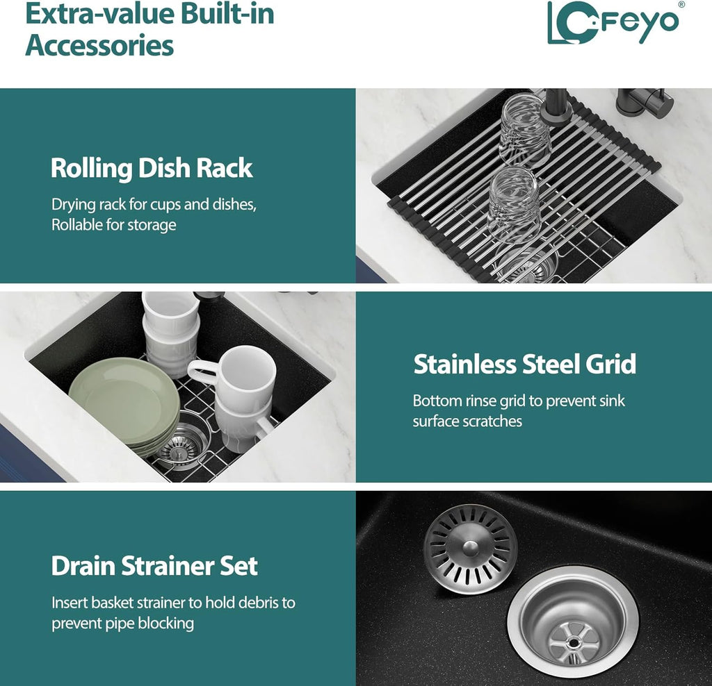 Black Undermount Kitchen Sink 18in x16in  Granite Composite Bar Sink Black Small Granite Sink Undermount Quartz Modern Under Counter Ledge Single Bowl Kitchen Sinks Basin Deep Sink,LOF-Q4542