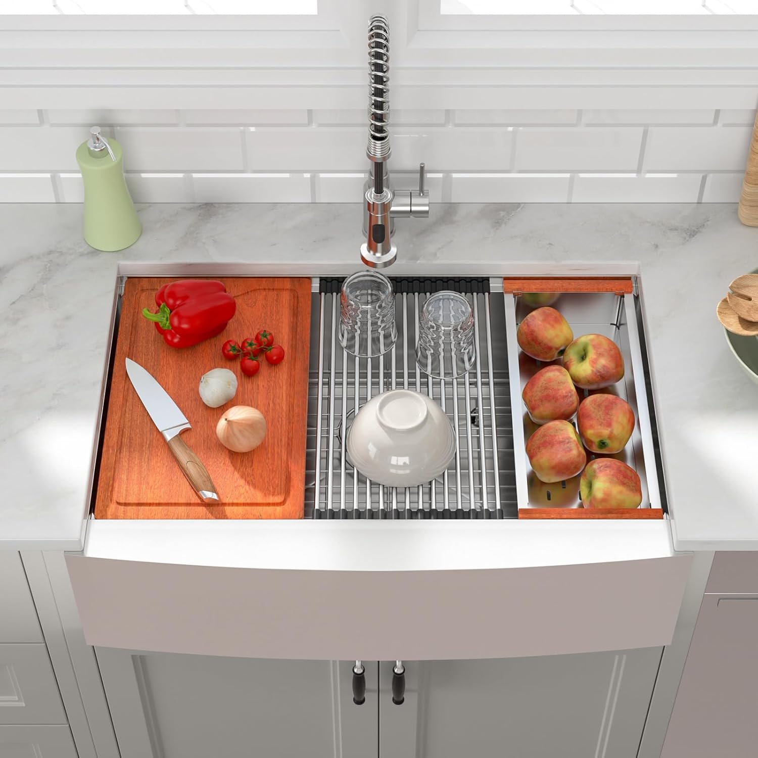 33in x22in  Stainless Steel Farmhouse Kitchen Sink, Single Bowl Apron Front Workstation Sink with Integrated Ledge, Cutting Board, Colander, and Roll-Up Drying Rack, 16 Gauge 304 Stainless Steel