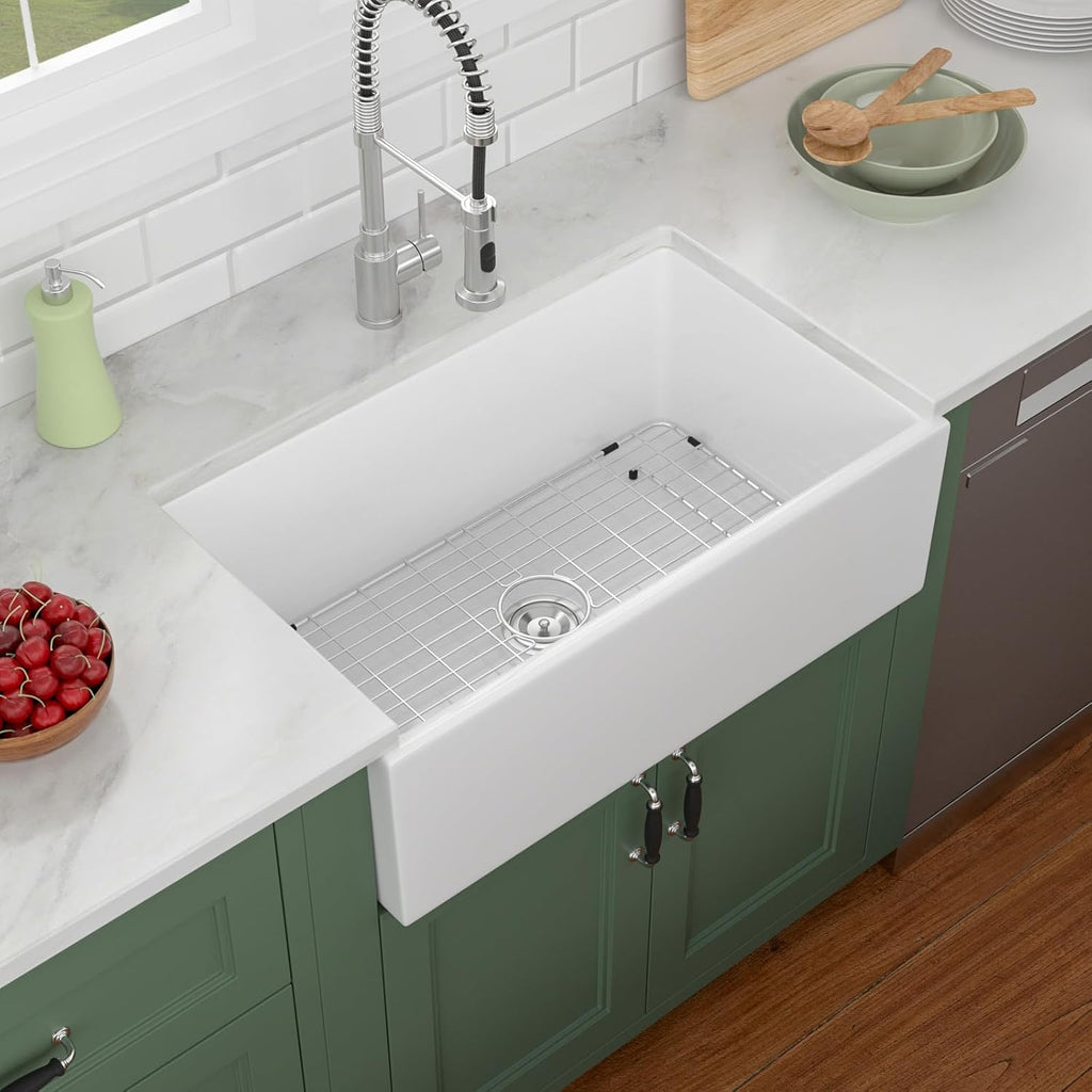 30in x18in  White Farmhouse Sink Lofeyo 30 Inch Farm Sink Fireclay Apron Front Single Bowl Rectangular Deep Kitchen Sinks Farm Barn Kitchen Sink Modern Accessory Kit Included,Lof-LWFS3018