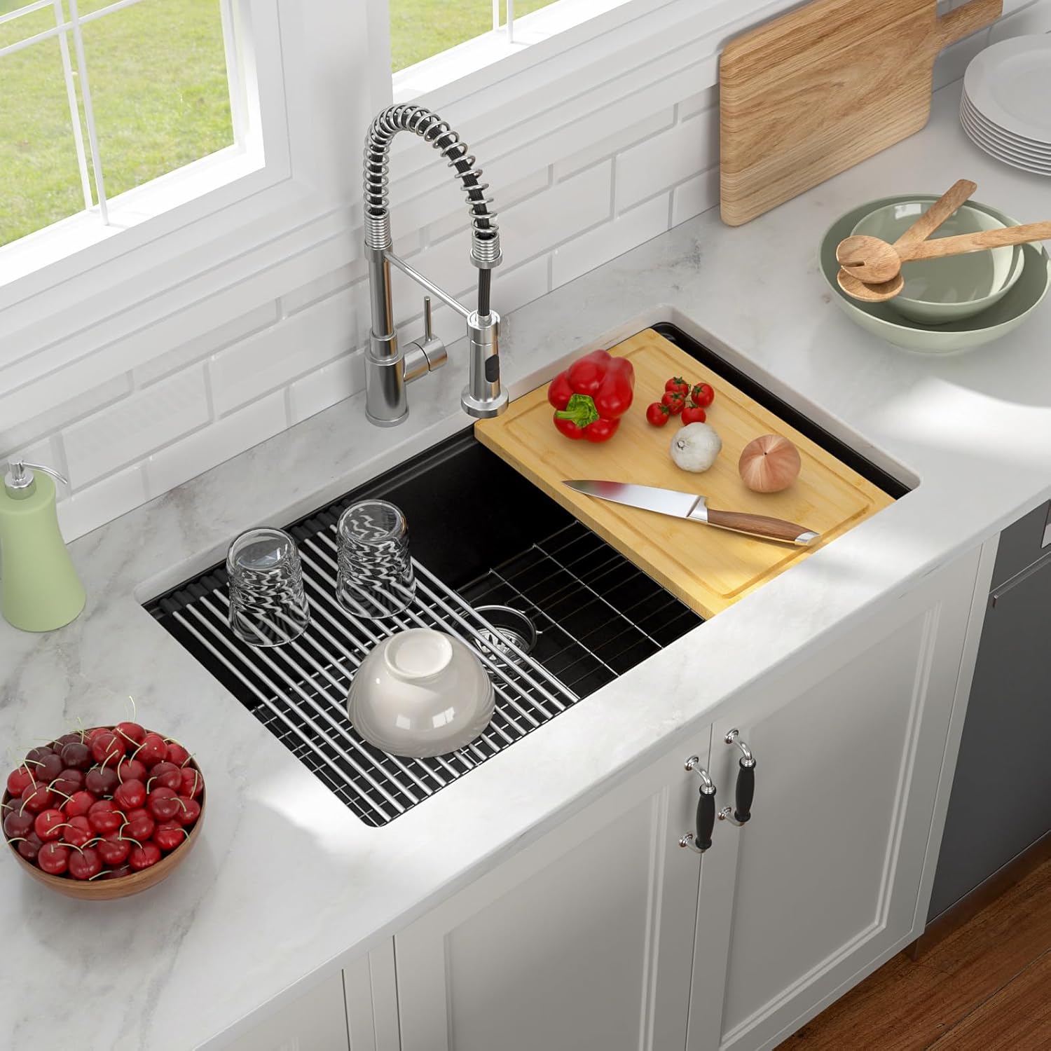 33 Black Granite Composite Kitchen Sink Lofeyo 33in x19in  Black Undermount Ledge Workstation Kitchen Sink Matte Black Granite Composite Quartz Single Bowl Modern Deep Sink Basin
