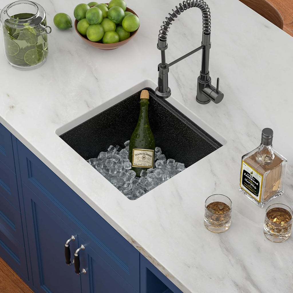 Black Undermount Kitchen Sink 18in x18in  Workstation Granite Composite Bar Sink Small Granite Sink Undermount Quartz Modern Under Counter Ledge Single Bowl Kitchen Sinks Basin Deep Sink,LOF-Q4528