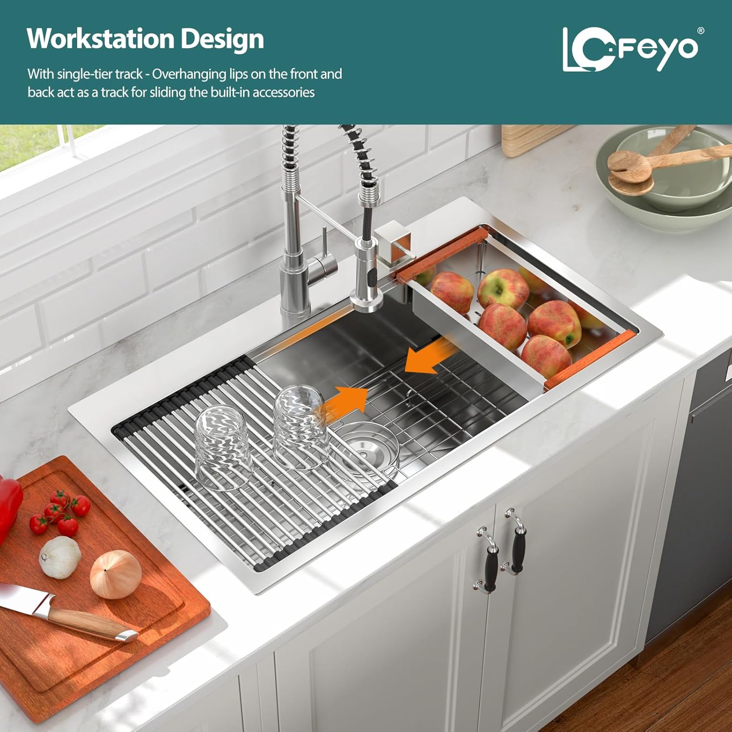 33in x19in  Drop In Kitchen Sink Workstation 304 Stainless Steel 16 Guage Handmade Topmount Single Bowl Modern Deep Kitchen Sink Basin,LOF-B9995