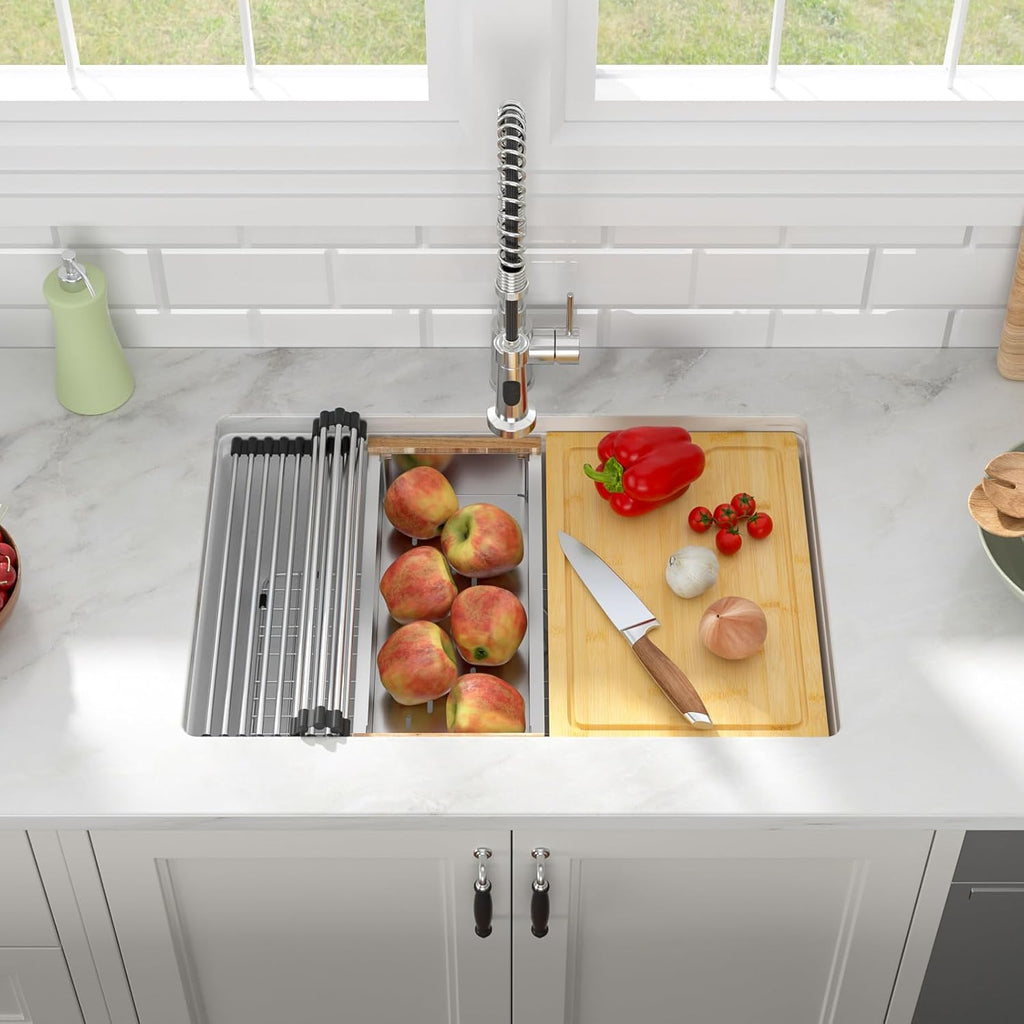 White Undermount Kitchen Sink 28in x19in  Workstation Granite Composite Sink Small Granite Sink Undermount Quartz Modern Under Counter Ledge Single Bowl Kitchen Sinks Basin Deep Sink,LOF-Q454S