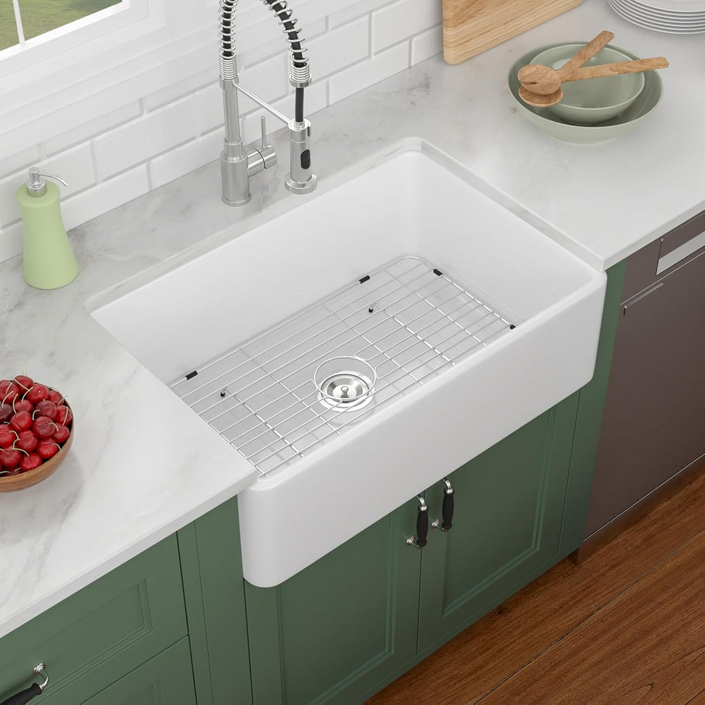 30 Farmhouse Kitchen Sink Lofeyo 30in x20in x9in  White Farmhouse Kitchen Sink Flat Apron Front White Ceramic Porcelain Fireclay Single Bowl Rectangular Farmer Sink Basin,LOF-LWFS30209
