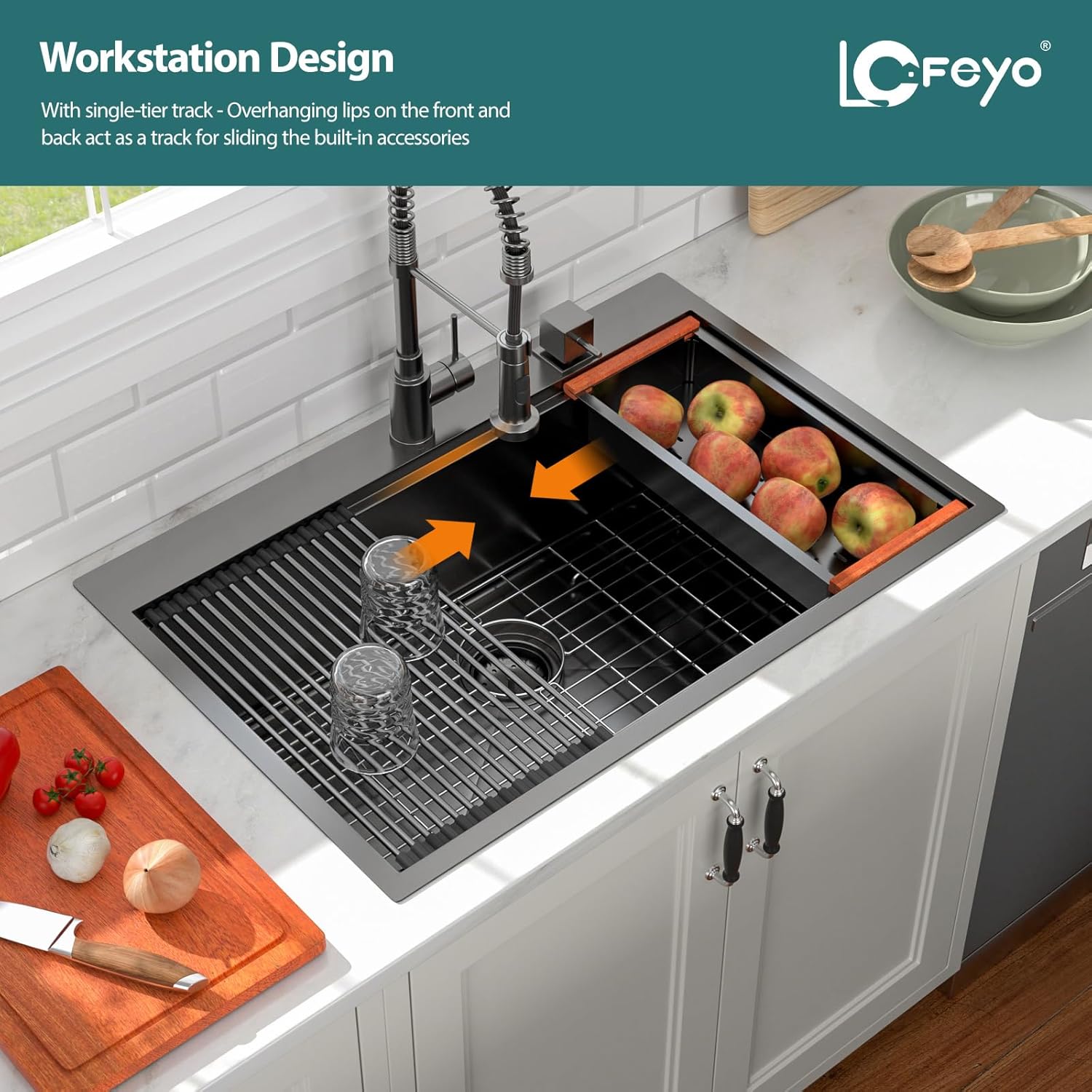 33in x19in  Black Drop In Kitchen Sink Workstation Nano Coating 304 Stainless Steel 16 Guage Handmade Topmount Single Bowl Deep Kitchen Sink Basin,LOF-B9989