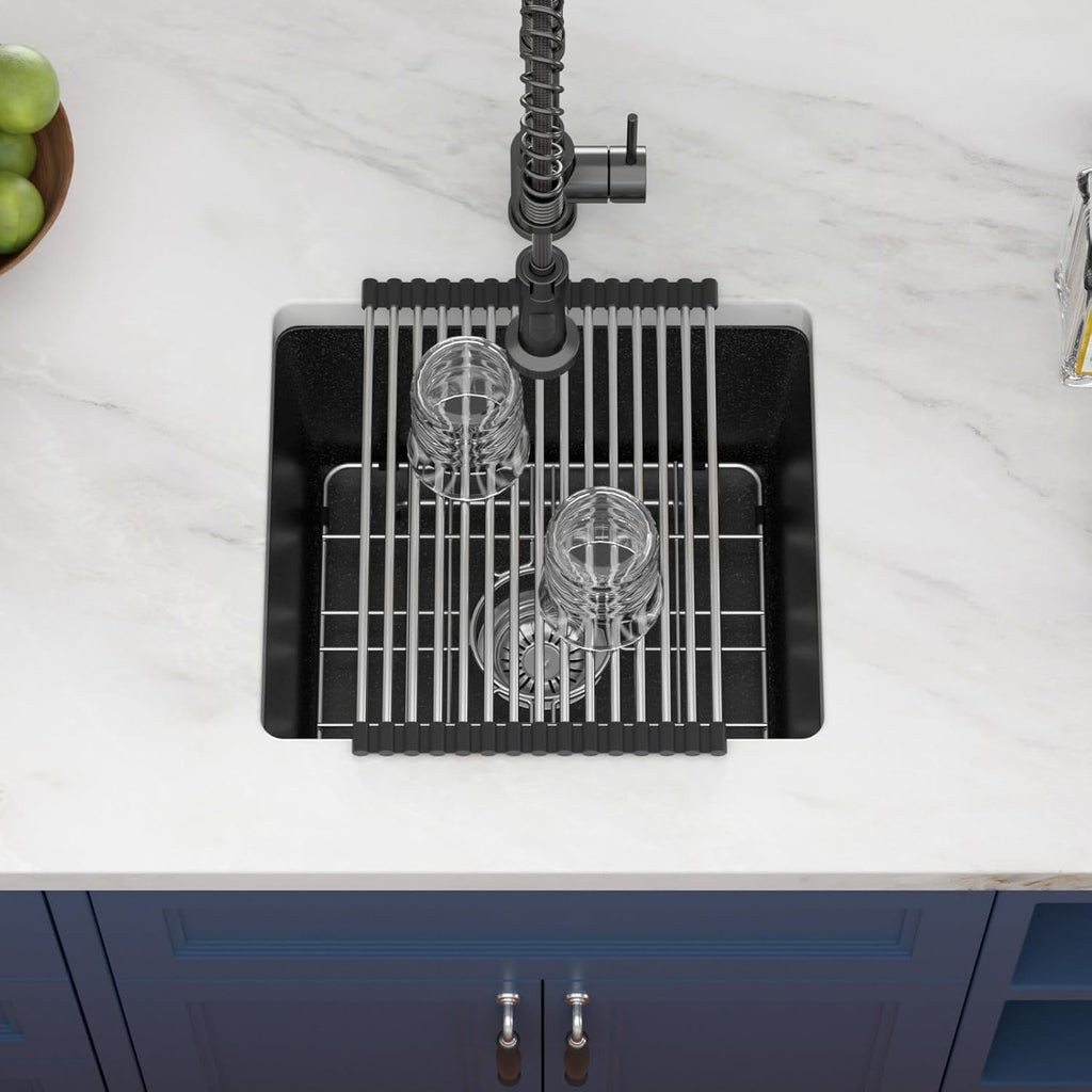 Black Undermount Kitchen Sink 18in x16in  Granite Composite Bar Sink Black Small Granite Sink Undermount Quartz Modern Under Counter Ledge Single Bowl Kitchen Sinks Basin Deep Sink,LOF-Q4542