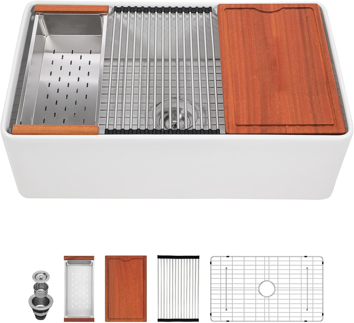 33 inch White Farmhouse Sink Workstation - 33 Farm Sink with Slide Ledge Flat Apron Front White Undermount Fireclay Ceramic Porcelain Farmer Kitchen Sink, Single Bowl Basin