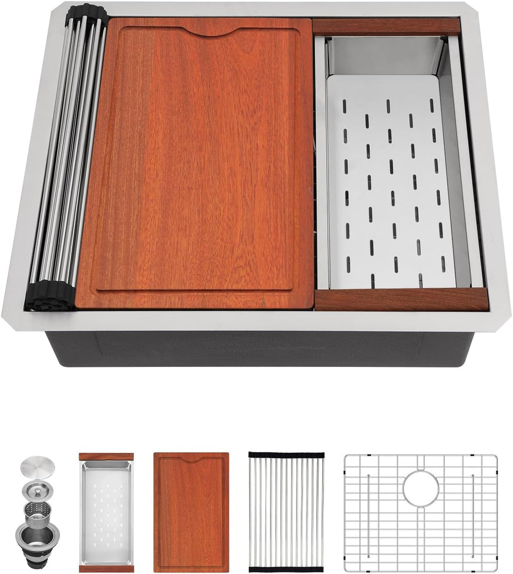 23in x19in  Kitchen Sink Undermount Small Wet Bar Sink Workstation 16 Gauge 304 Stainless Steel Handmade Contemporary Ledge Single Bowl Deep Sink