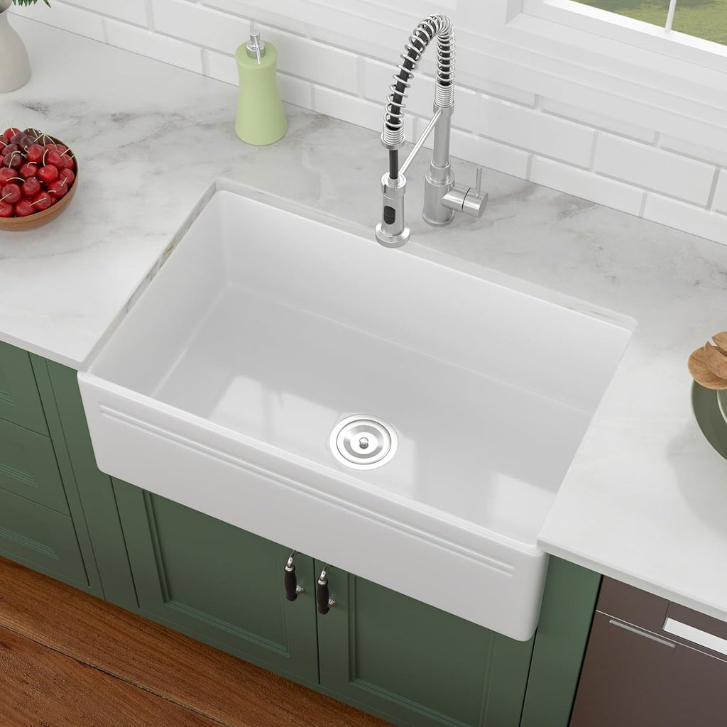 30in x18in  White Farmhouse Sink Lofeyo Dual Mount 30 Inch Farm Sink Fireclay Apron Front Rectangular Single Bowl Deep Kitchen Sinks Farm Barn Kitchen Sink Modern Accessory Kit Included,Lof-LWFS3018S