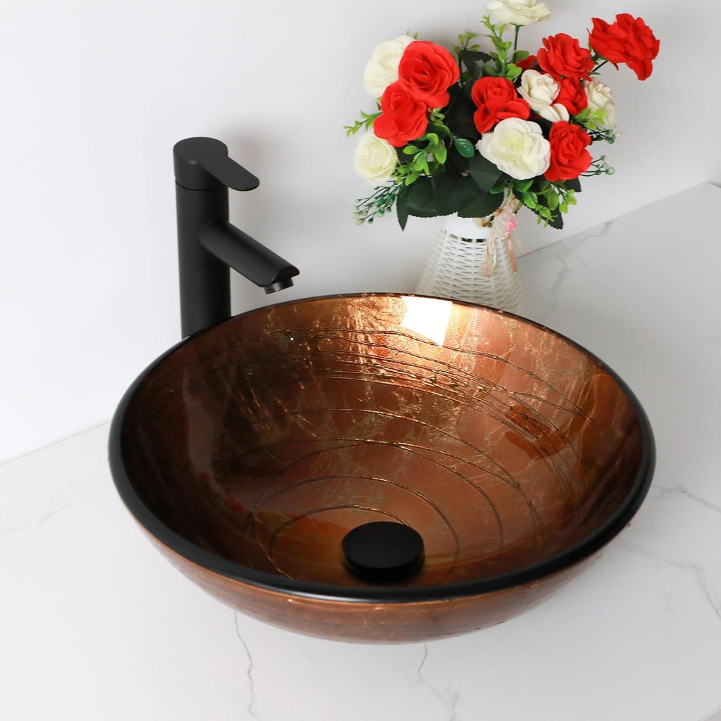 Small Bathroom Sink 17in  Brwon Glass Vessel Sink With Faucet And Drain Combo Modern Round Shape Artistic Basin Bathroom Vessel Sink Above Counter Small 5in  Deep Vessel Sink LOF-BL33555