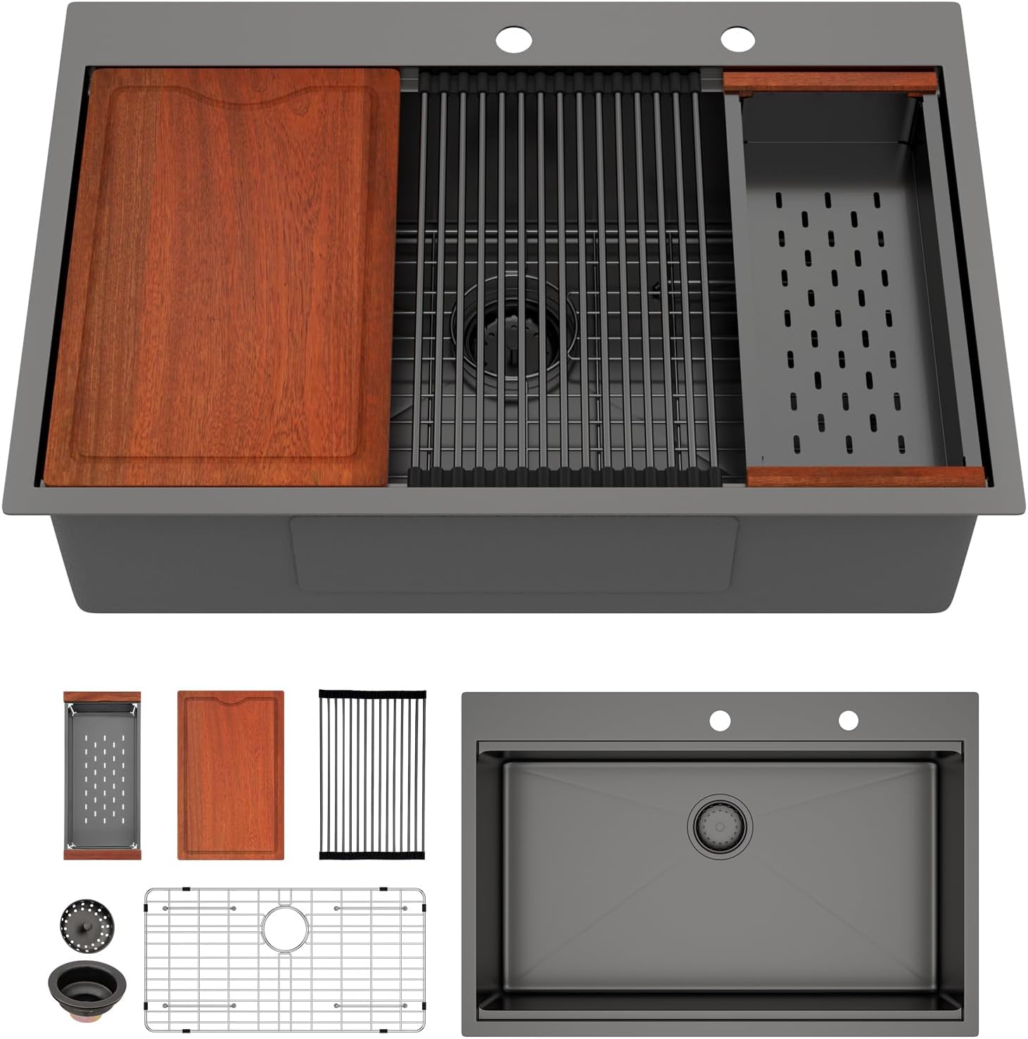 36in x19in  Black Drop In Kitchen Sink Workstation Nano Coating 304 Stainless Steel 16 Guage Handmade Topmount Single Bowl Deep Kitchen Sink Basin,LOF-B9990